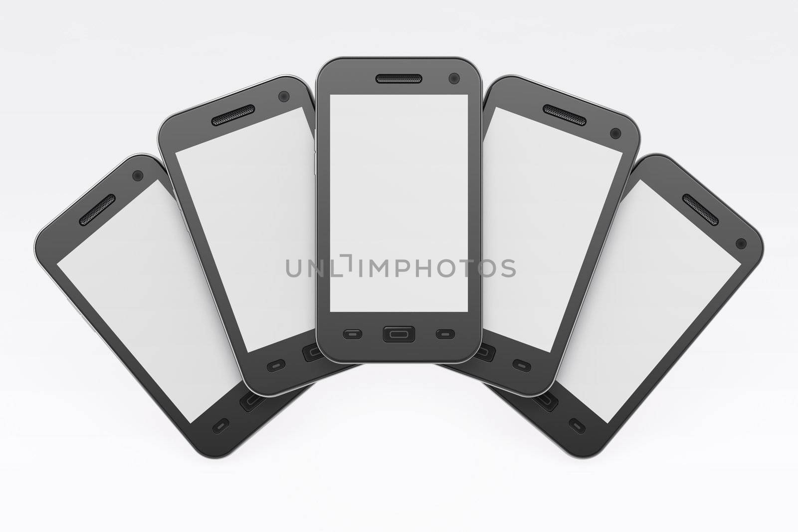Black smart phones on white background, 3d render. Just place your images on the screens!