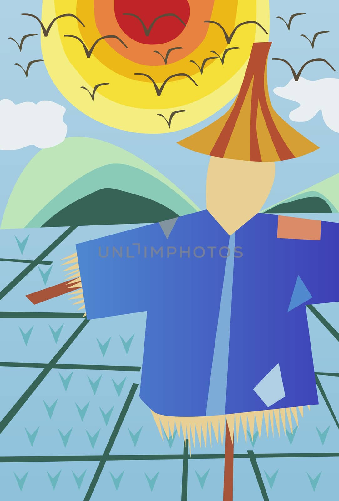 Vector illustration of giant scarecrows standing in the field