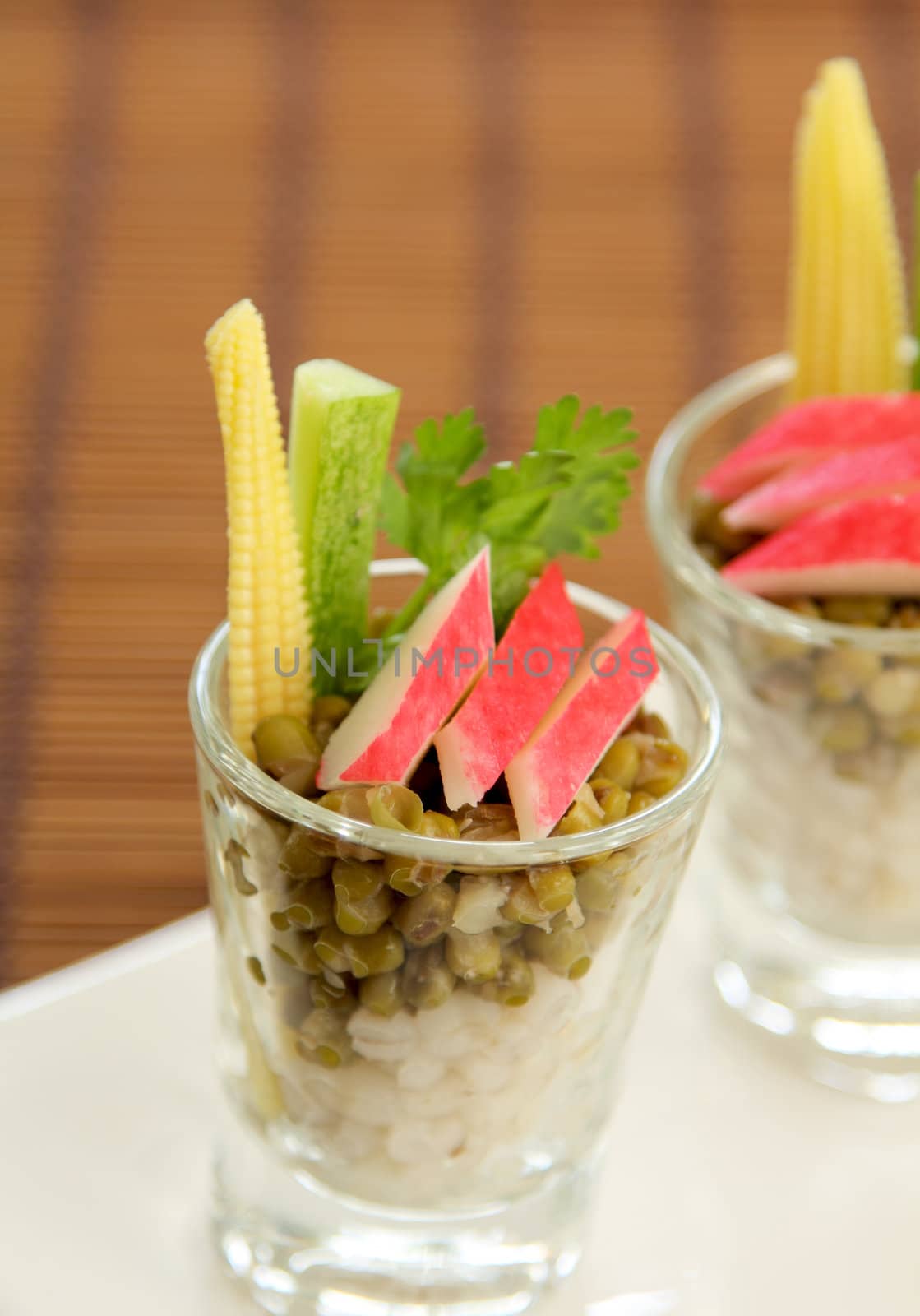 Crab stick with Mung beans and Job's tears salad