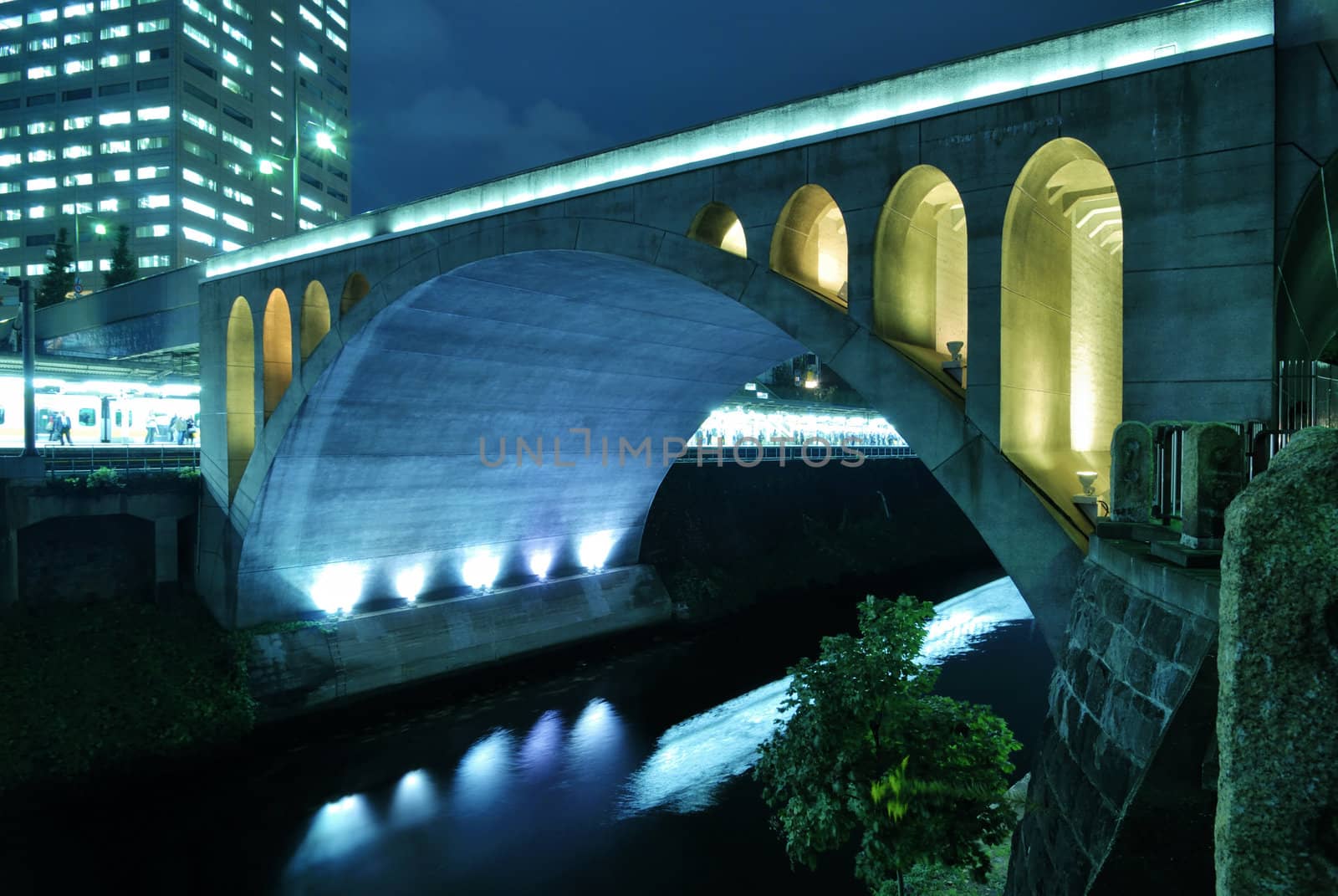 scenic night view to the famous Hijiribashi Bridge and Ochanomizu station behind it in Tokyo, Japan