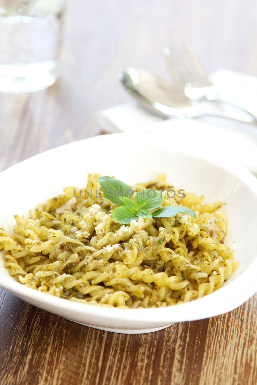 Fusilli with pesto sauce by vanillaechoes