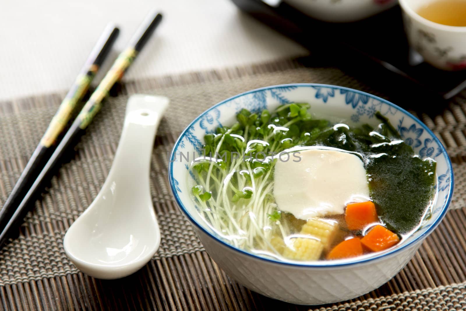 Fresh Tofu with seaweed and vegetables soup [Japanese cuisine]