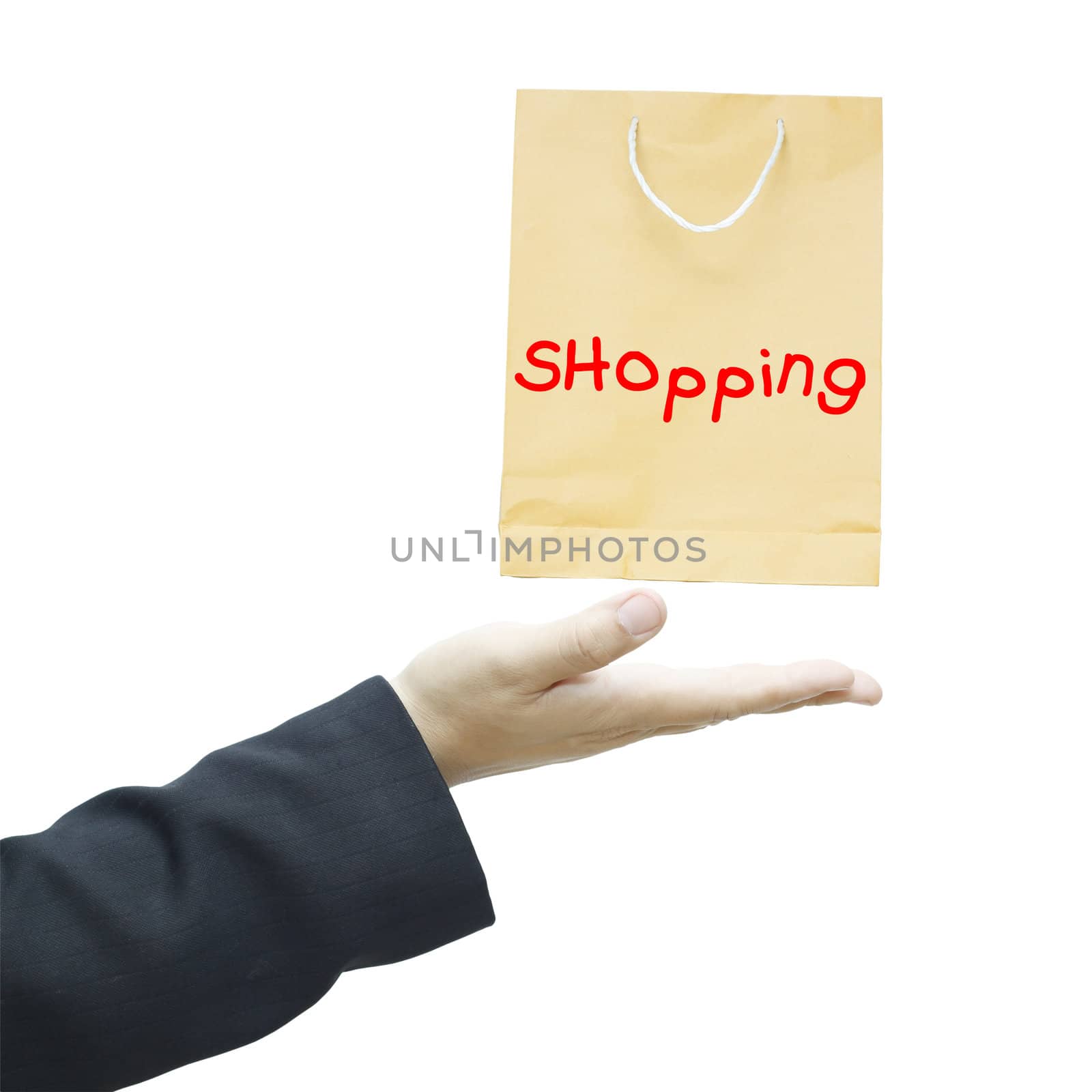 Shopping bag on businessman hand isolated on white background.