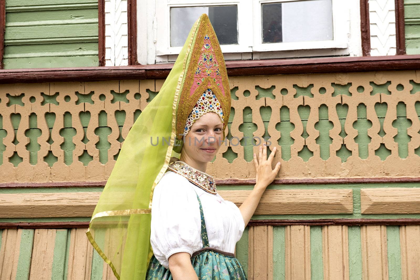 The young girl in traditional to Russian clothes. Taken in Myshkin village, Russia on July 2012.