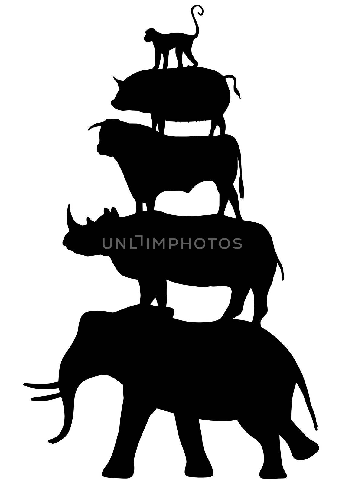 Silhouette of 5 animals stacked on top of each other