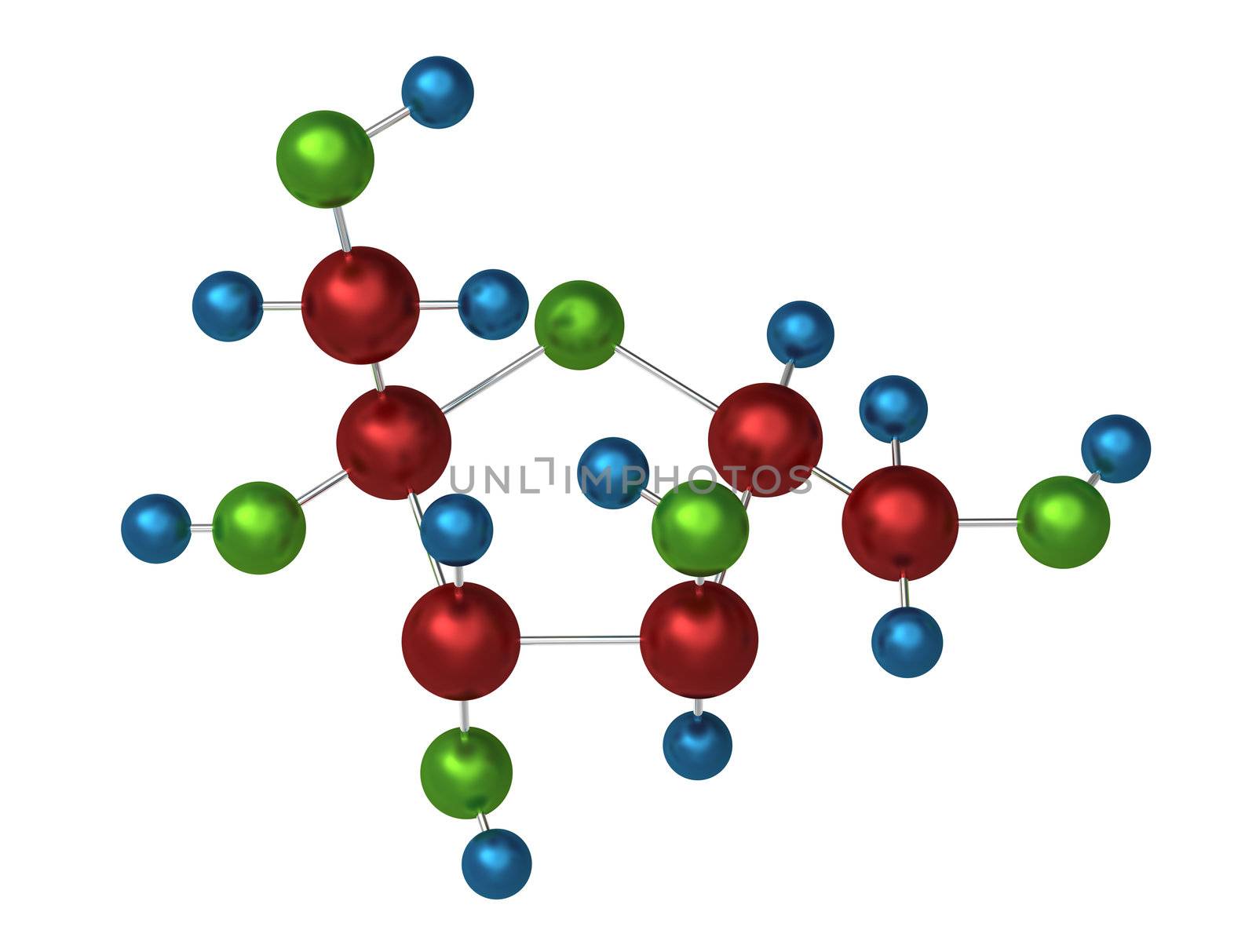 Molecule of fructose, 3D render, isolated on white