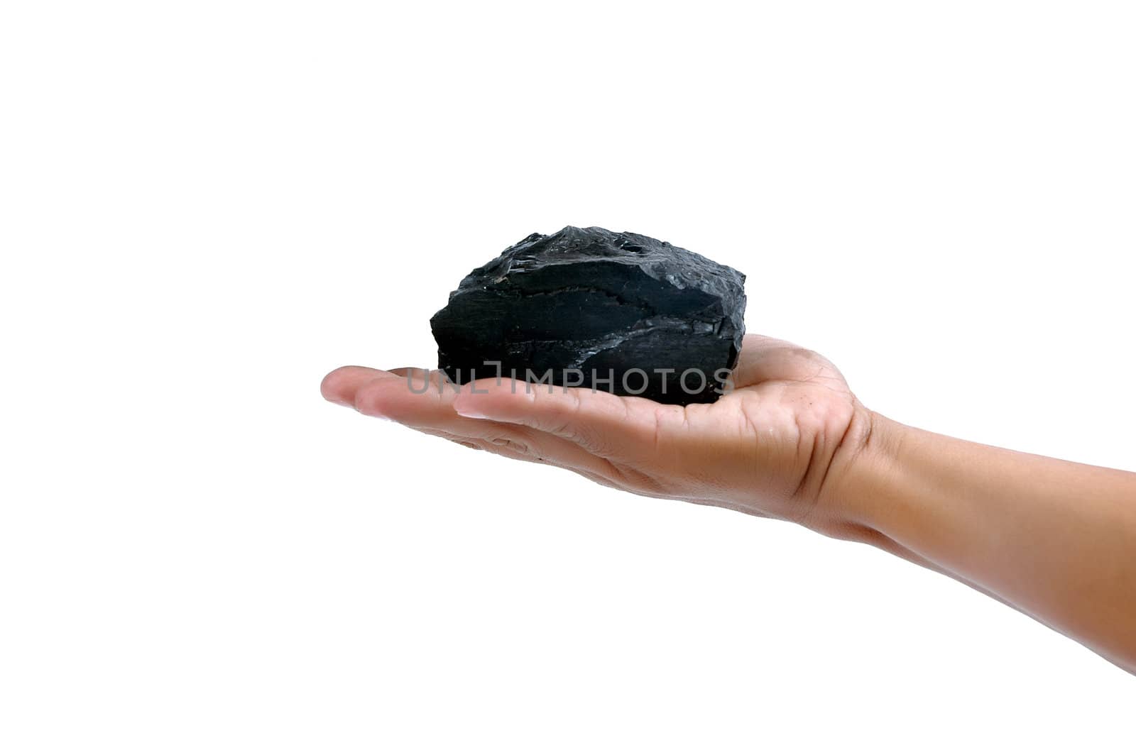 male hand holding a little lump of coal  isolated on white background