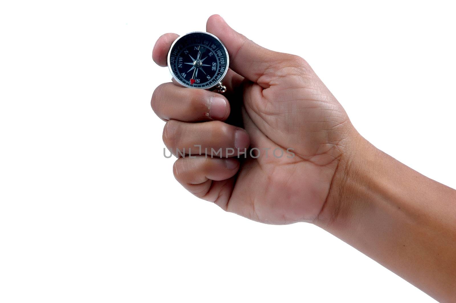 man's hand holding a compass isolated on white backgrund