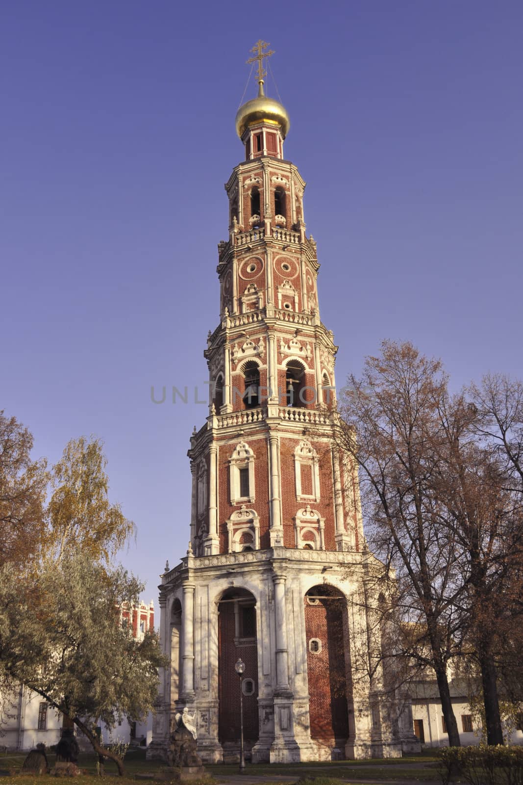 Octagonal bell-tower of famous Novodevichy Convent in Moscow 
