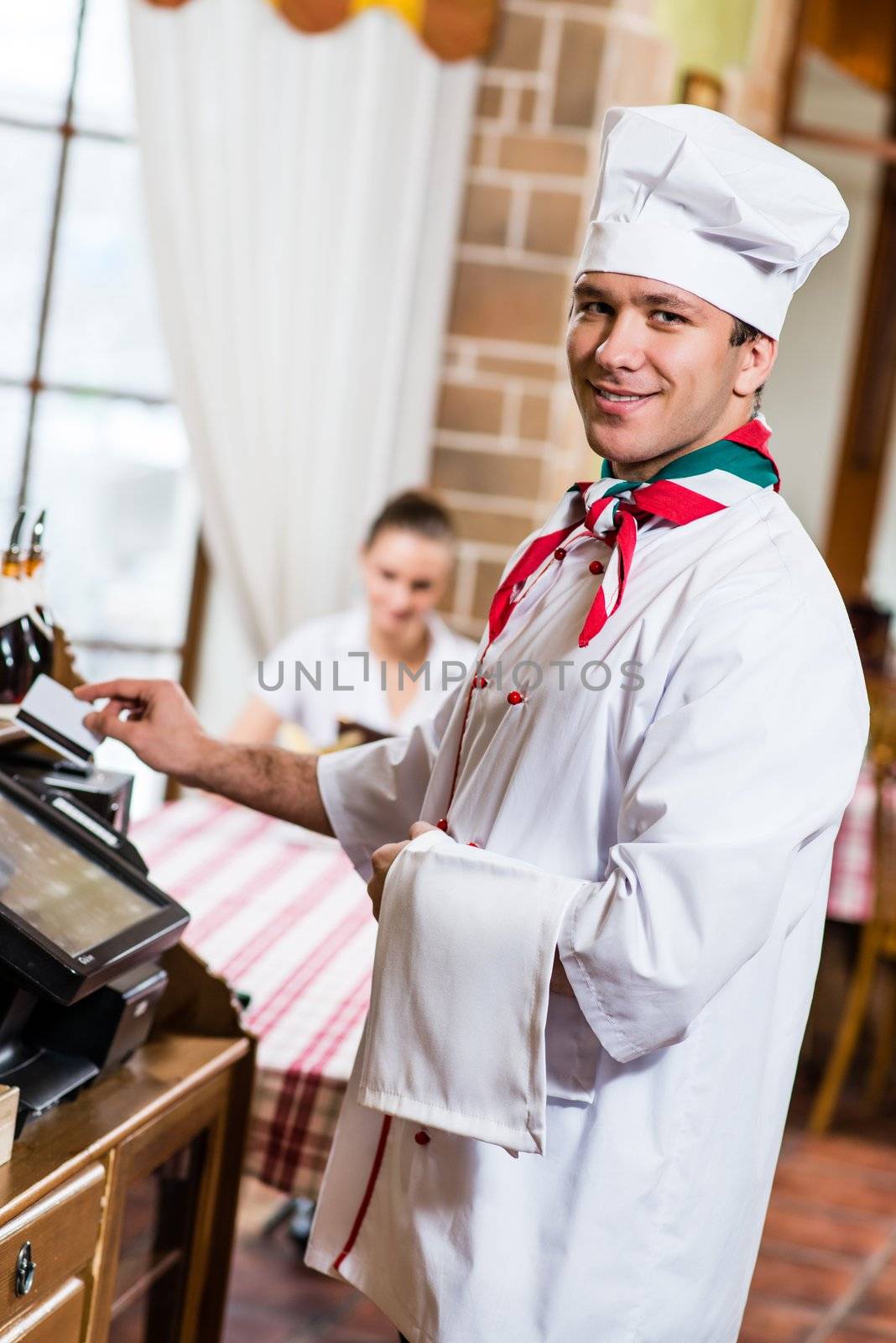 cook inserts the card into a computer terminal, against visiting the restaurant