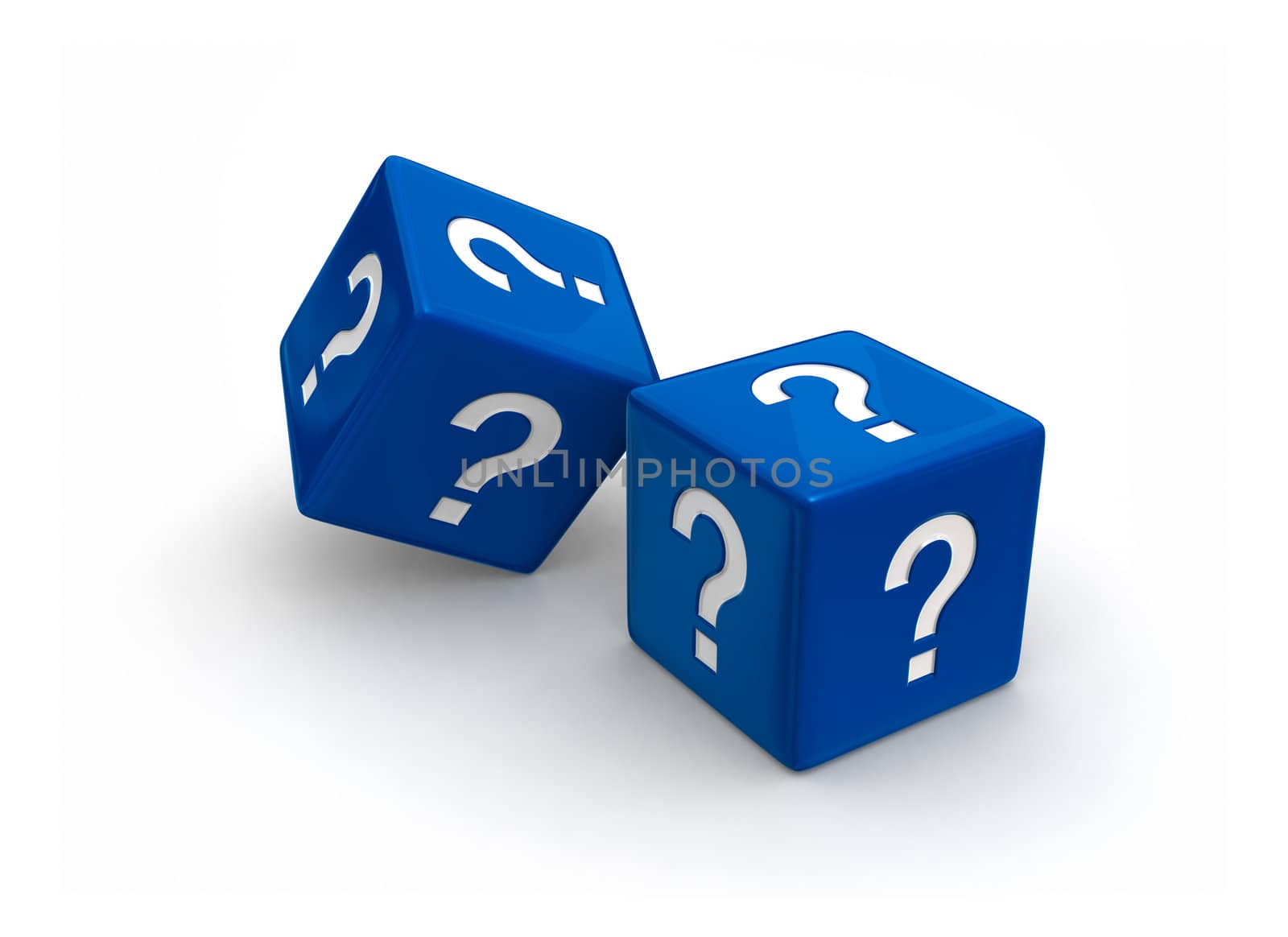 Photo-real illusration of two blue dice engraved question mark symbols on white background.