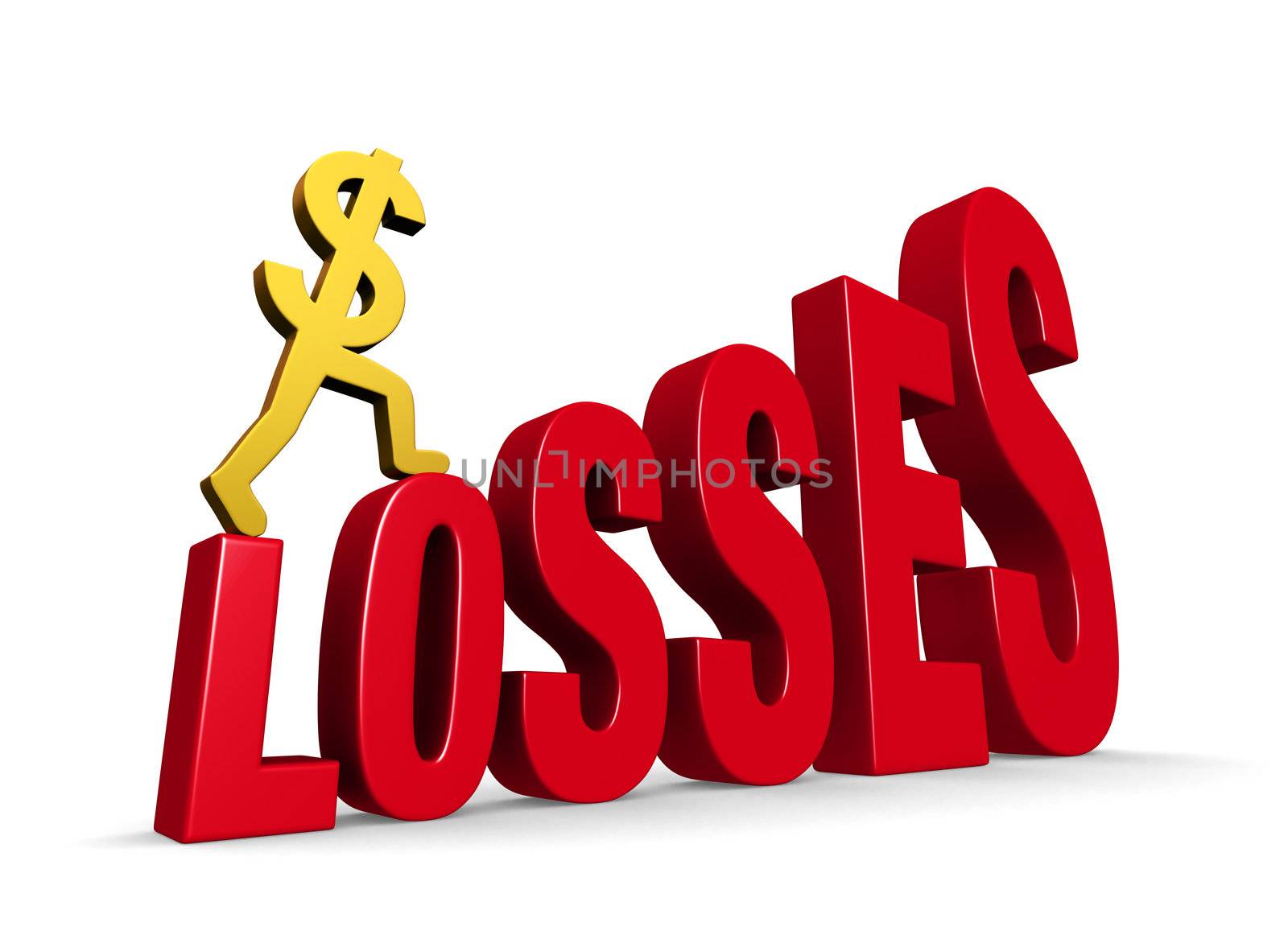 A gold dollar sign climbing steps forming the word, "LOSSES". On white with drop shadow.