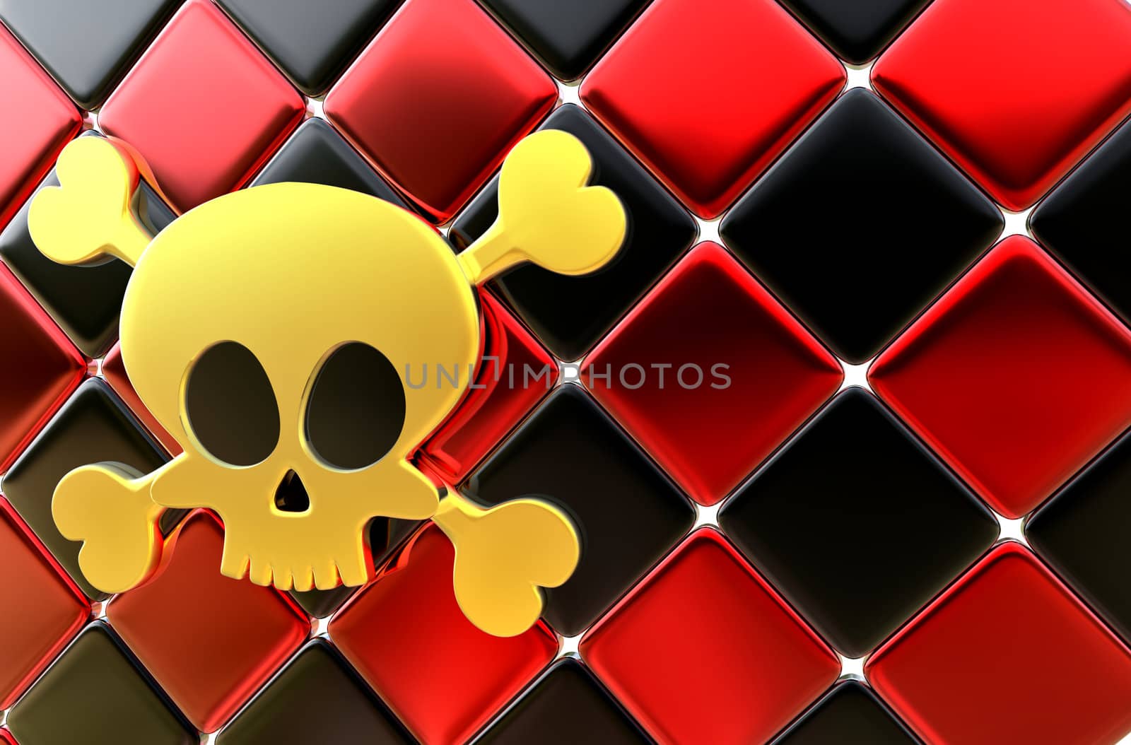 Day of The Dead. Skull and crossbones on red and black checkerboard background.
