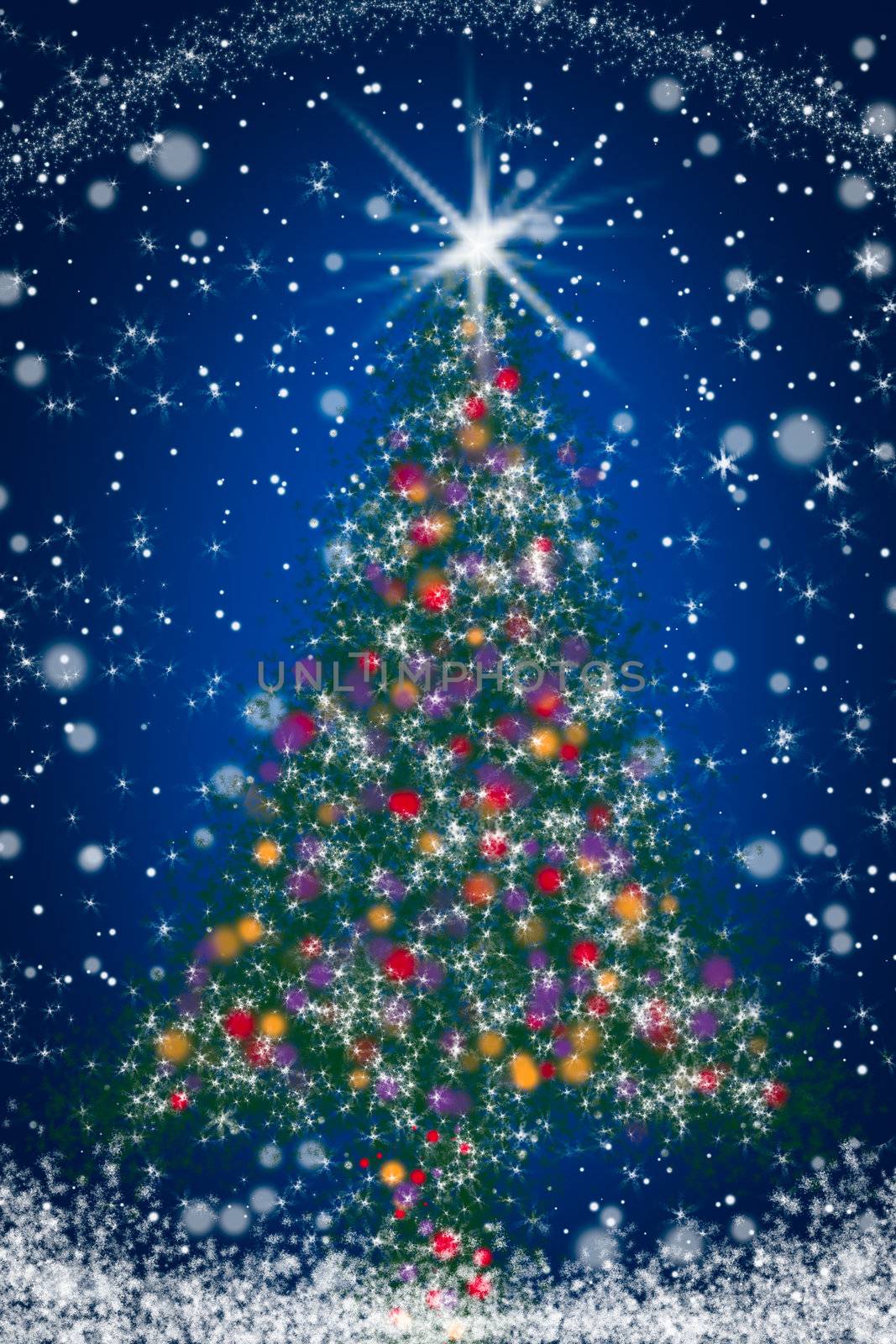 Sparkly Christmas Tree on Blue Starry Night Sky Illustration