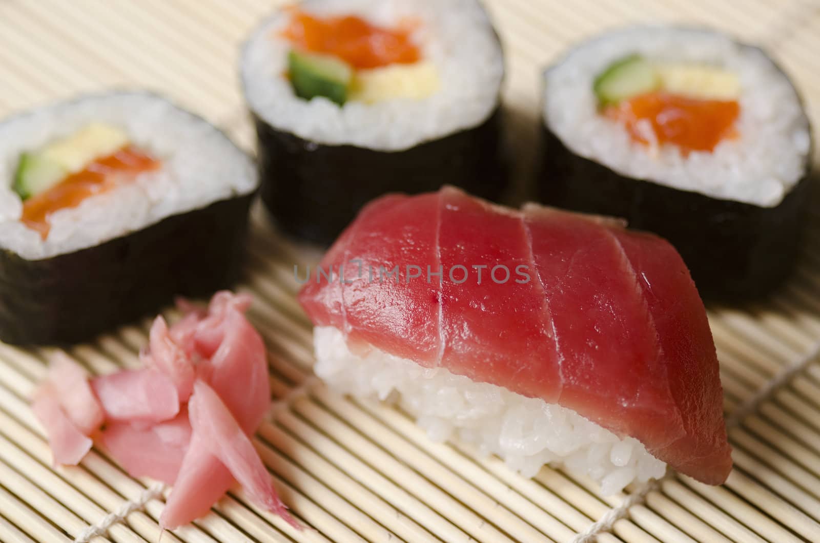 Japanese Cuisine, Sushi Set with red Tuna Nigiri, Maki Sushi and Sashimi