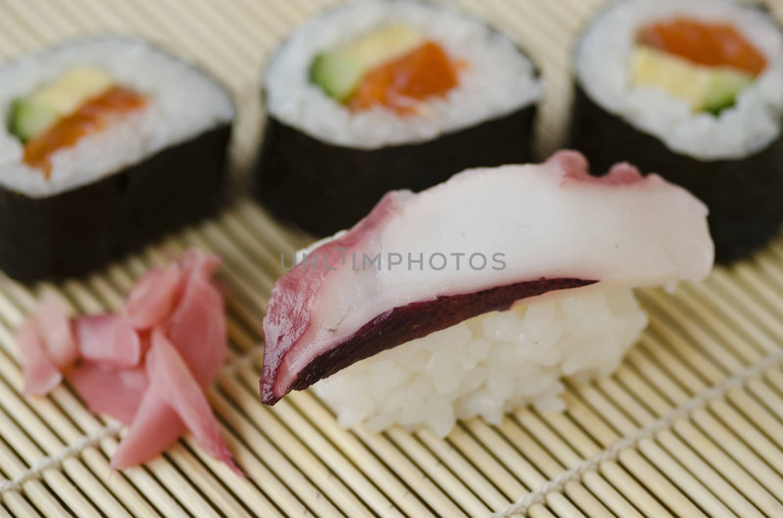 Japanese Cuisine, Sushi Set with tako octopus and gari. Nigiri, Maki Sushi and Sashimi