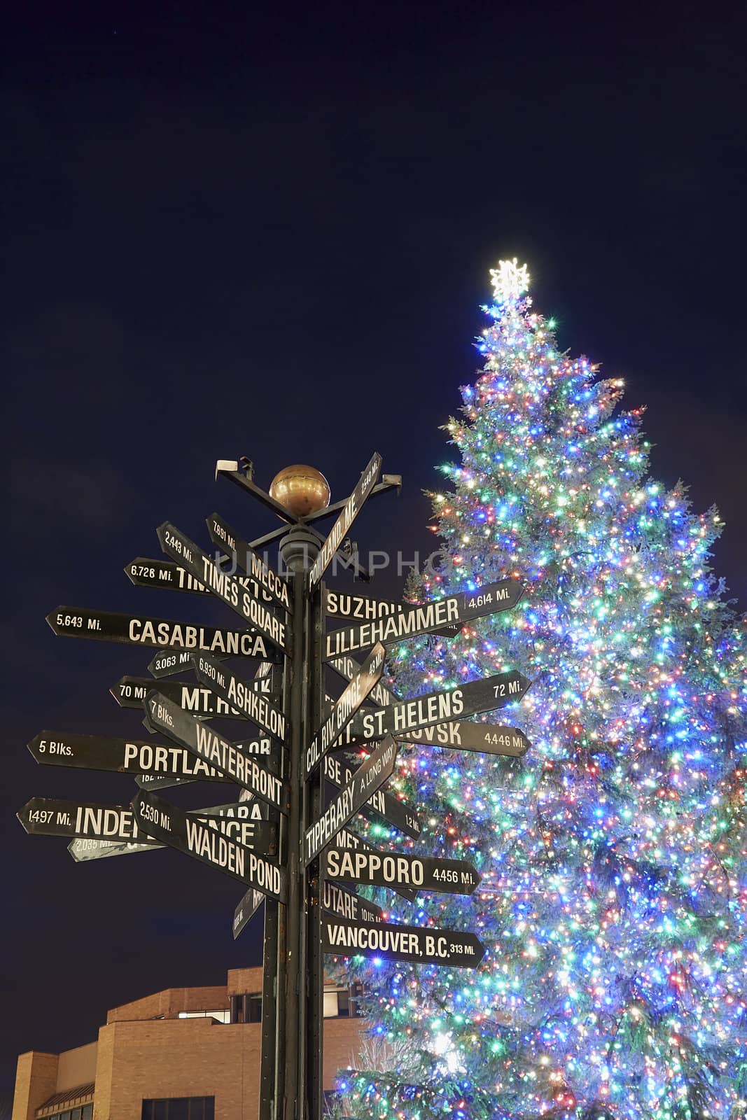 Christmas Tree with Colorful Lights in Pioneer Courthouse Square with Directional Signs Pointing to Places Around the World Vertical