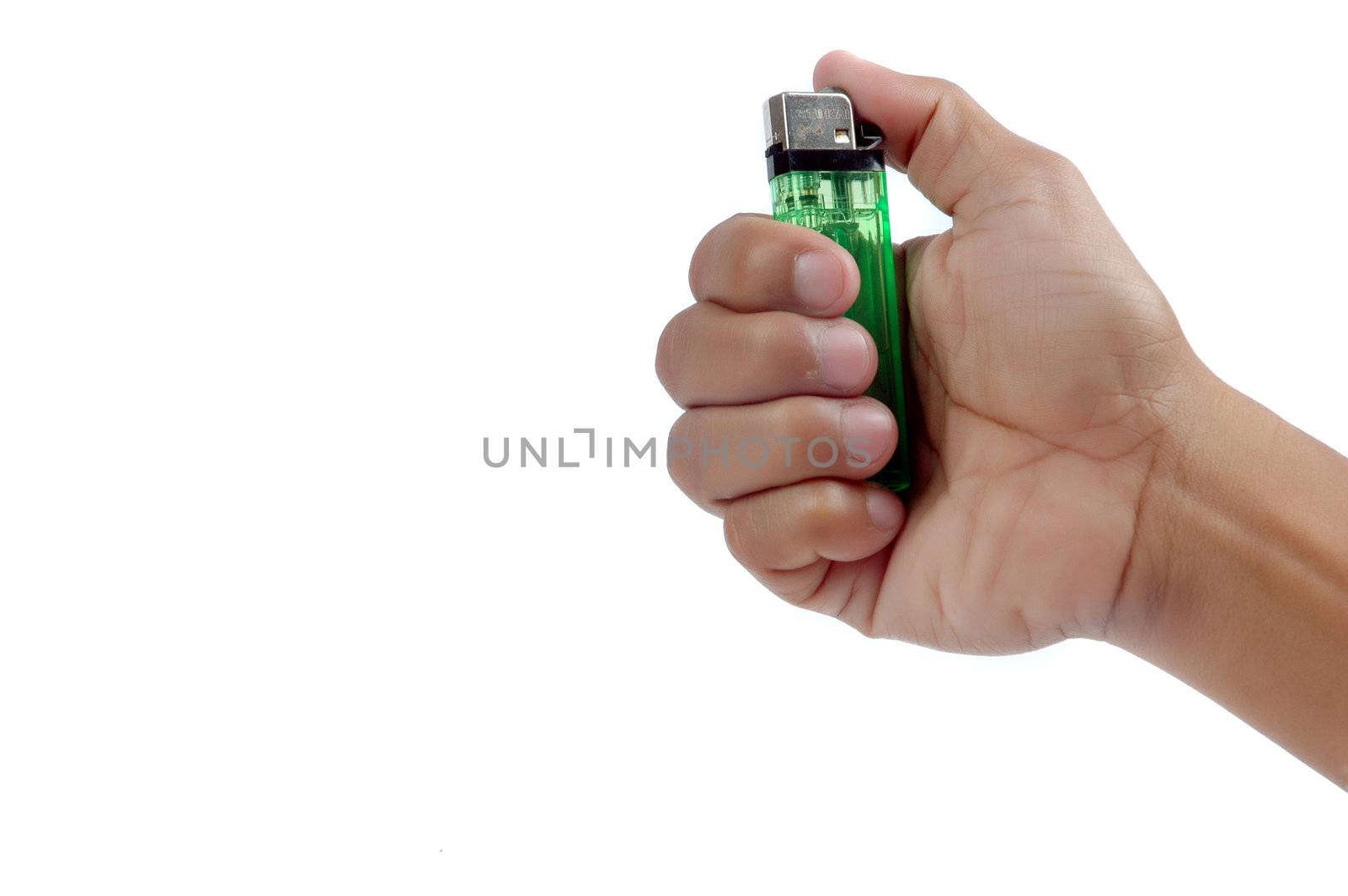 male hand holding a green lighters isolated on white background