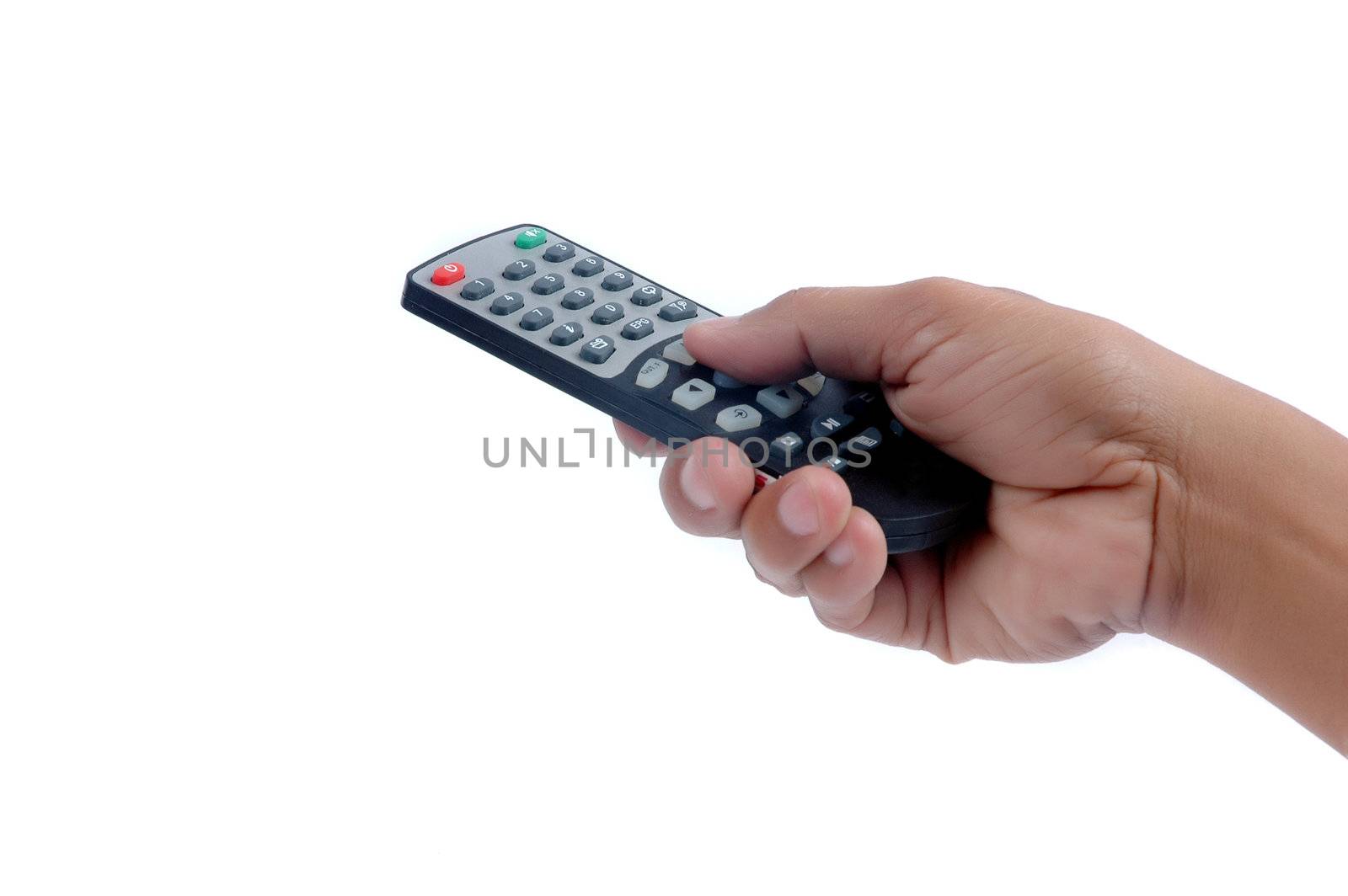 male hand holding a remote controller isolated on white background