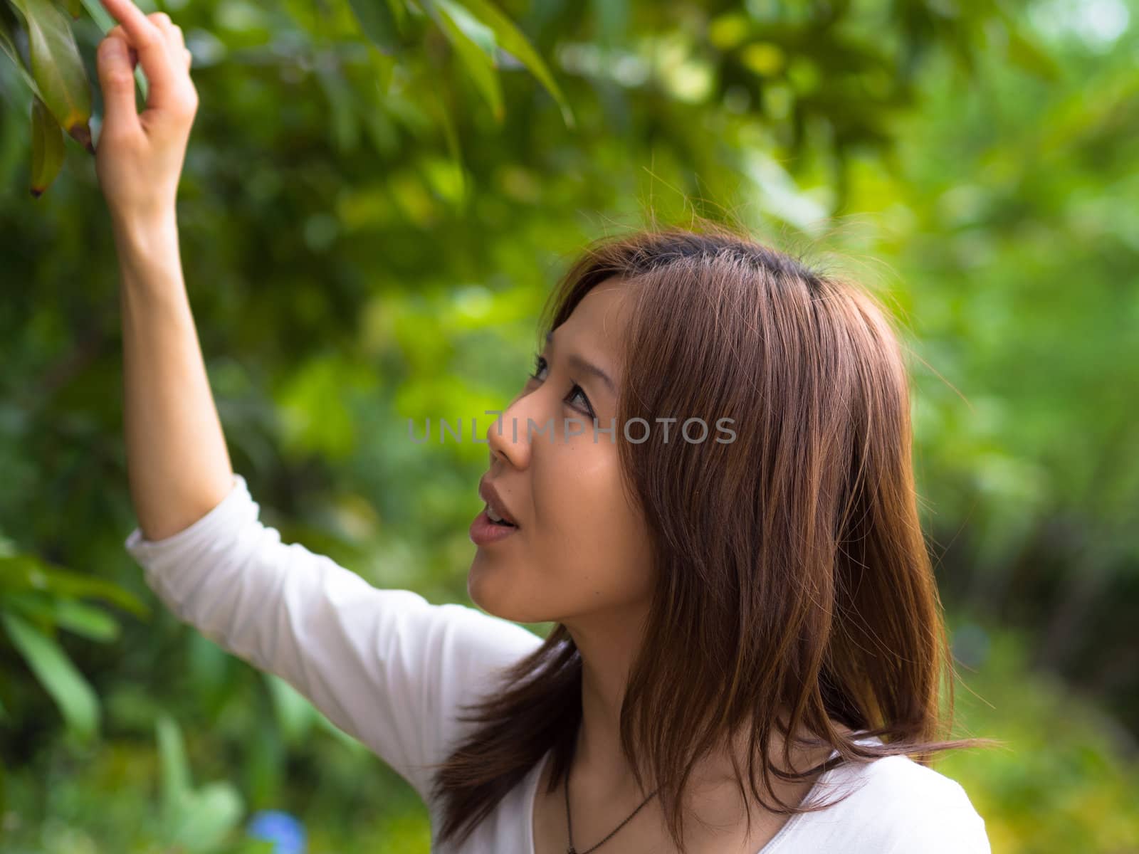 A young asian girl points out to something of interest on a leaf.
