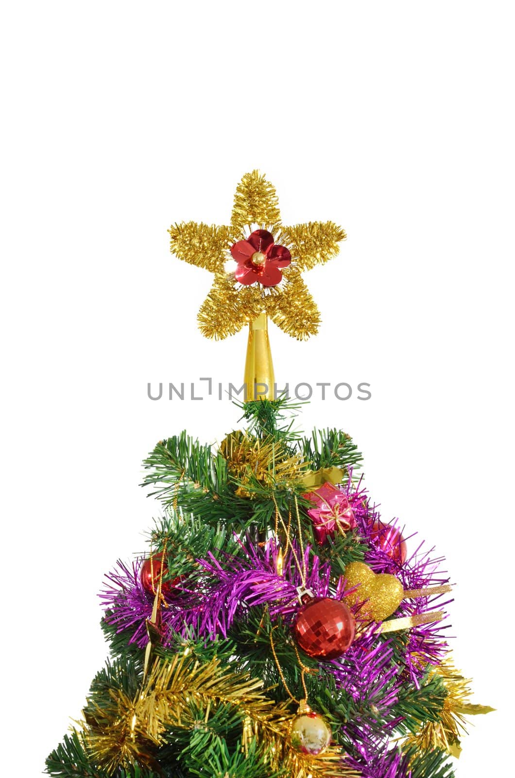 Christmas tree and accessories isolated on white