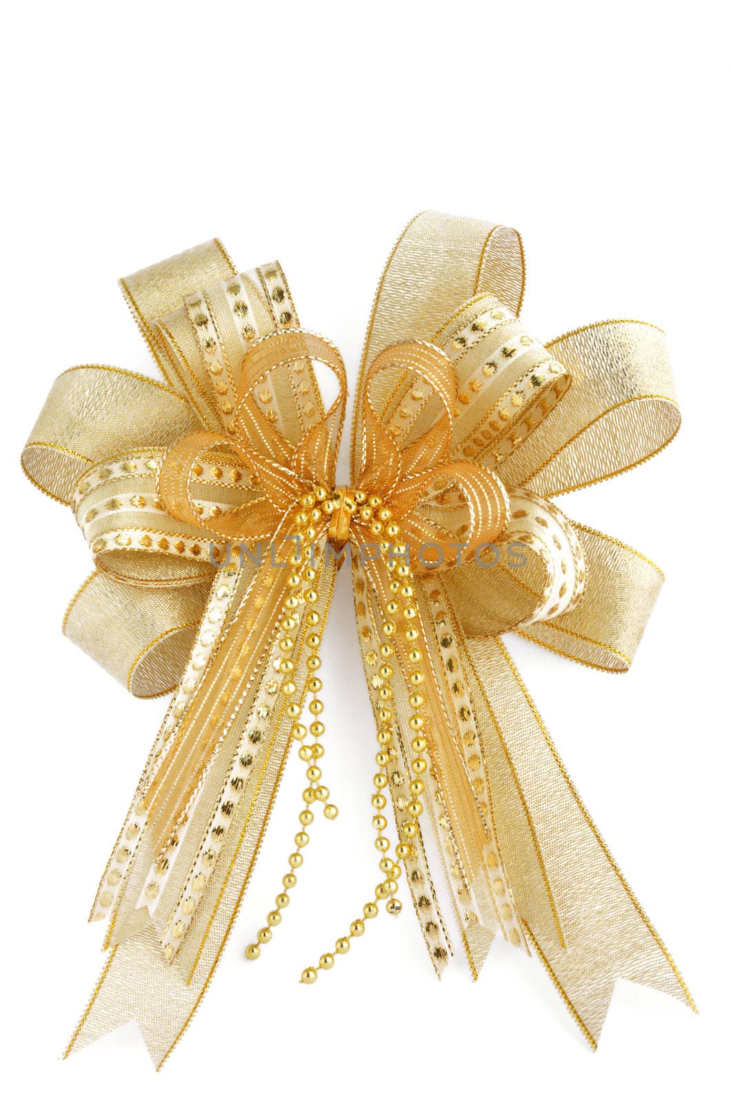 Shiny golden Christmas gift bow decoration isolated on white