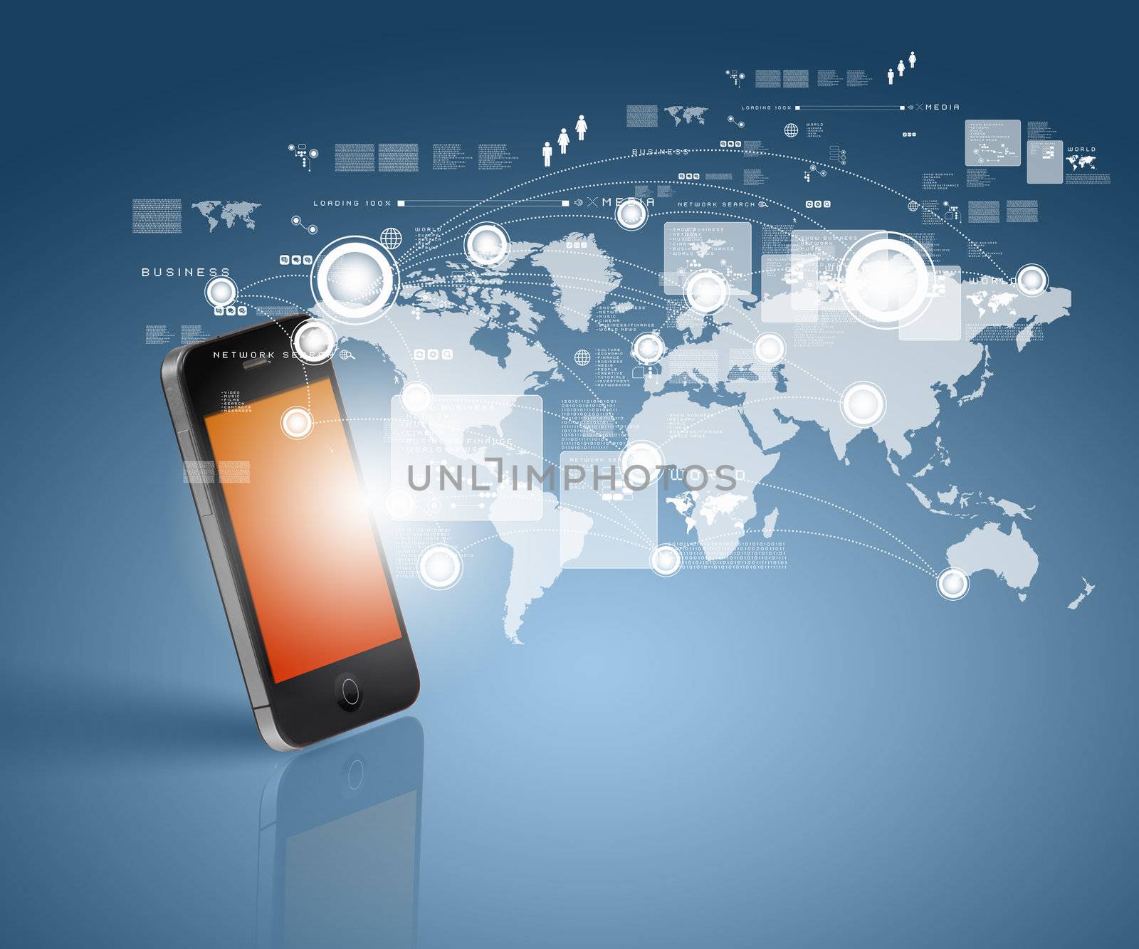 Modern communication technology illustration with mobile phone and high tech background