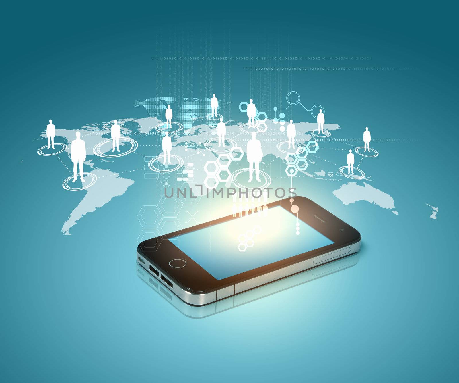 Modern communication technology illustration with mobile phone and high tech background