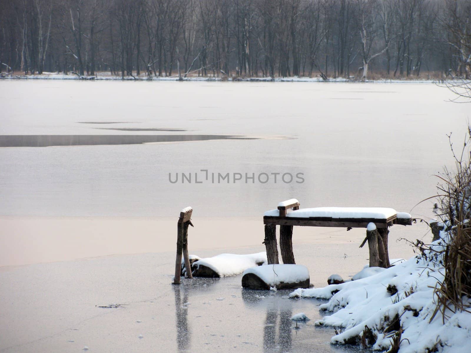 place for fishing on lake at winter