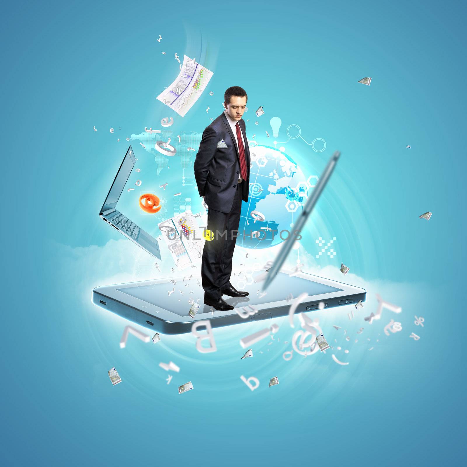 Modern technology illustration with computers and business person