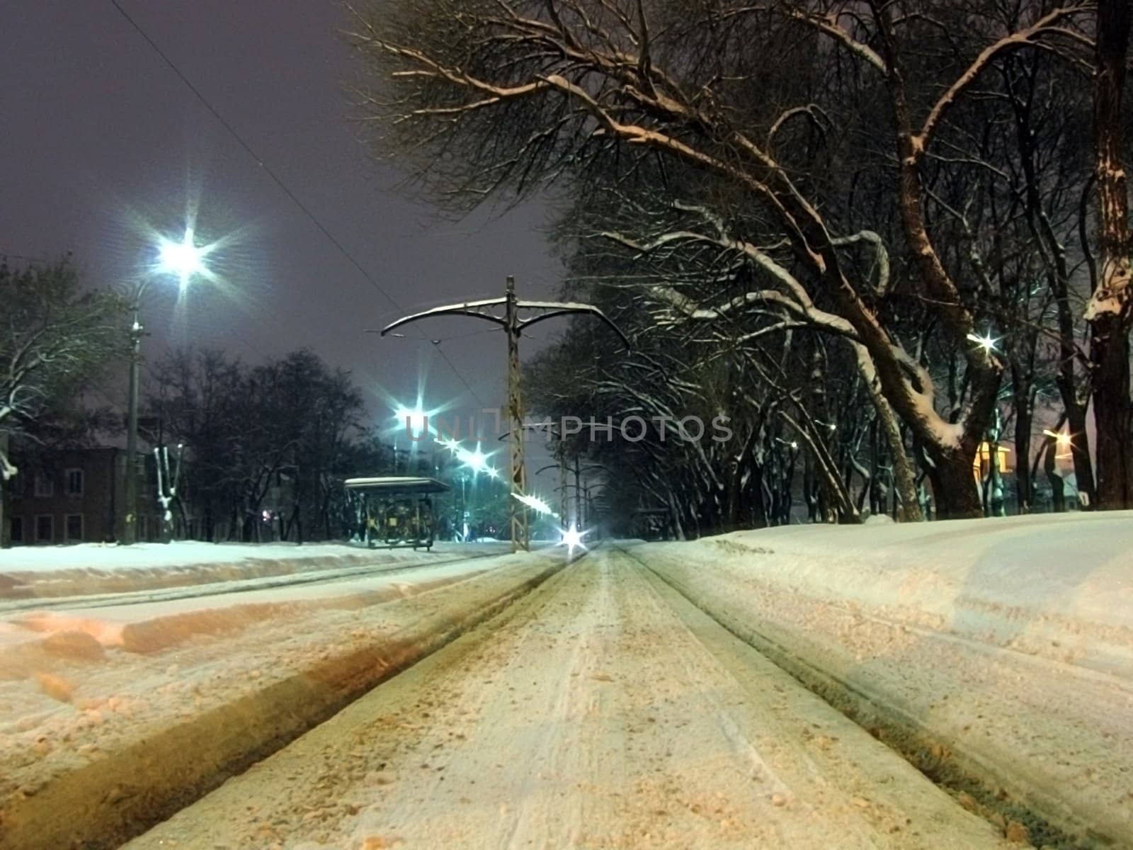 tramway rails at winter night