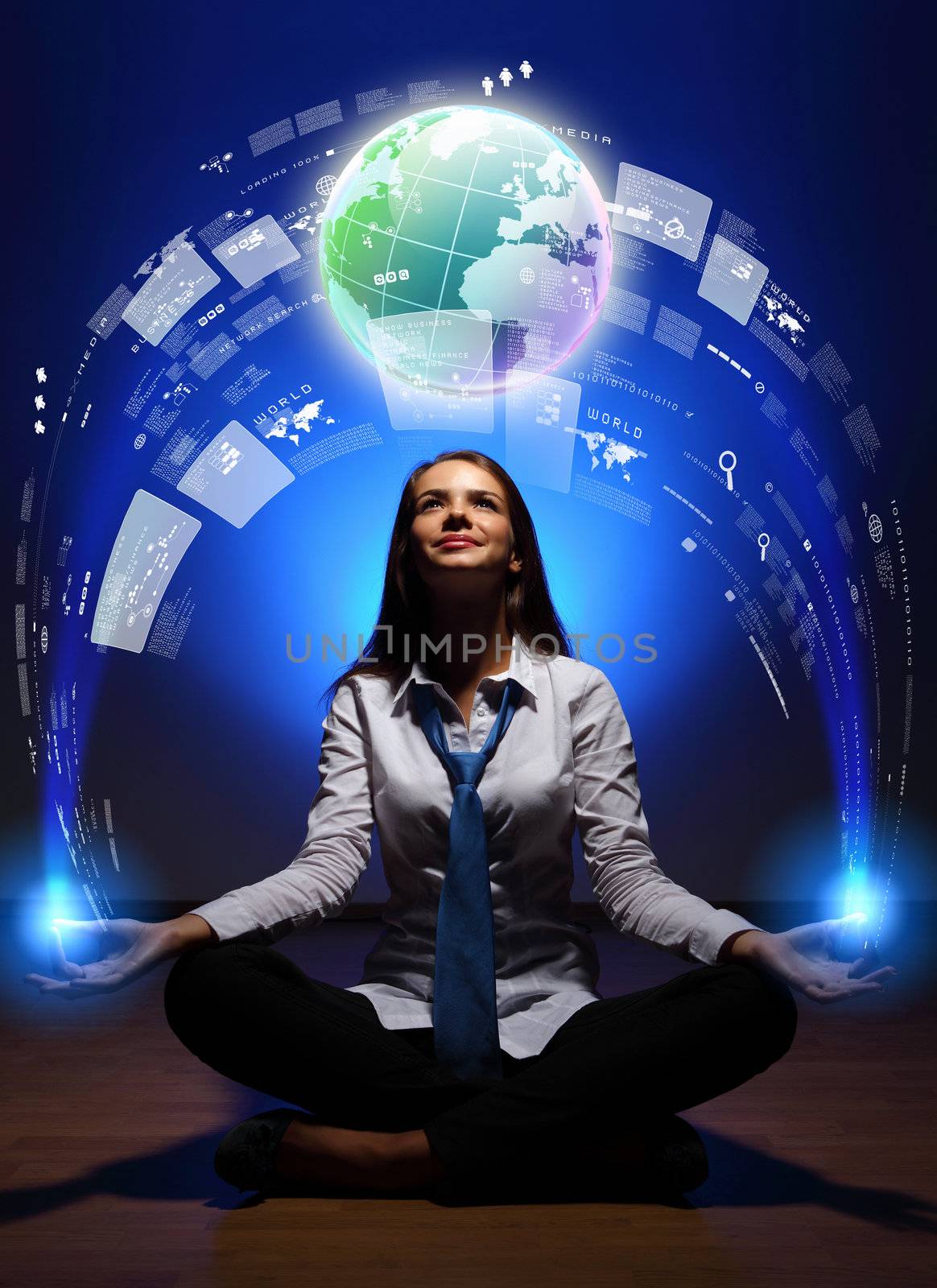 Young businesswoman against blue global technology background