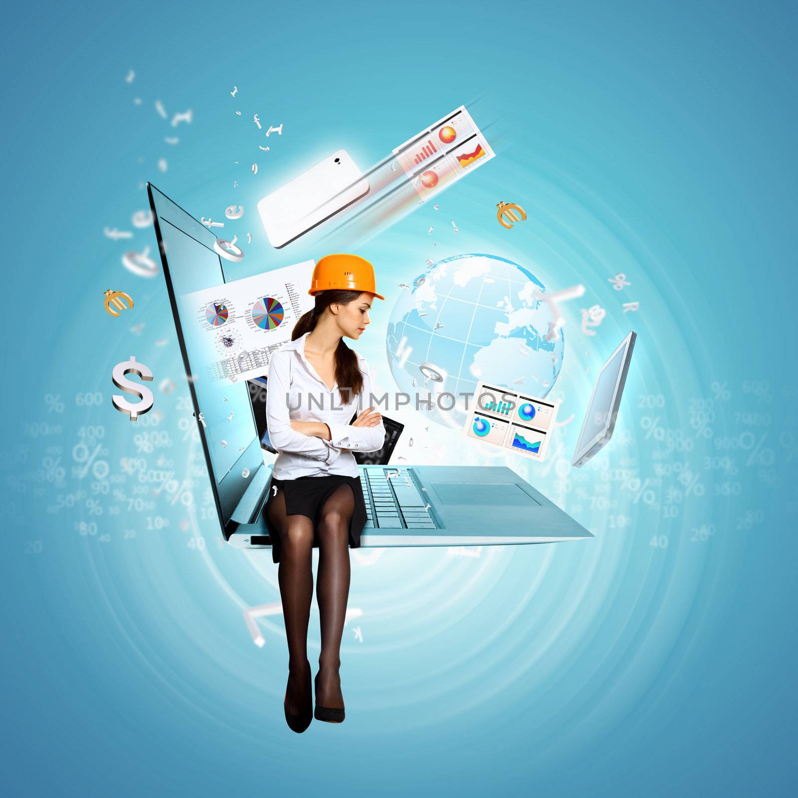 Modern technology illustration with computers and business person