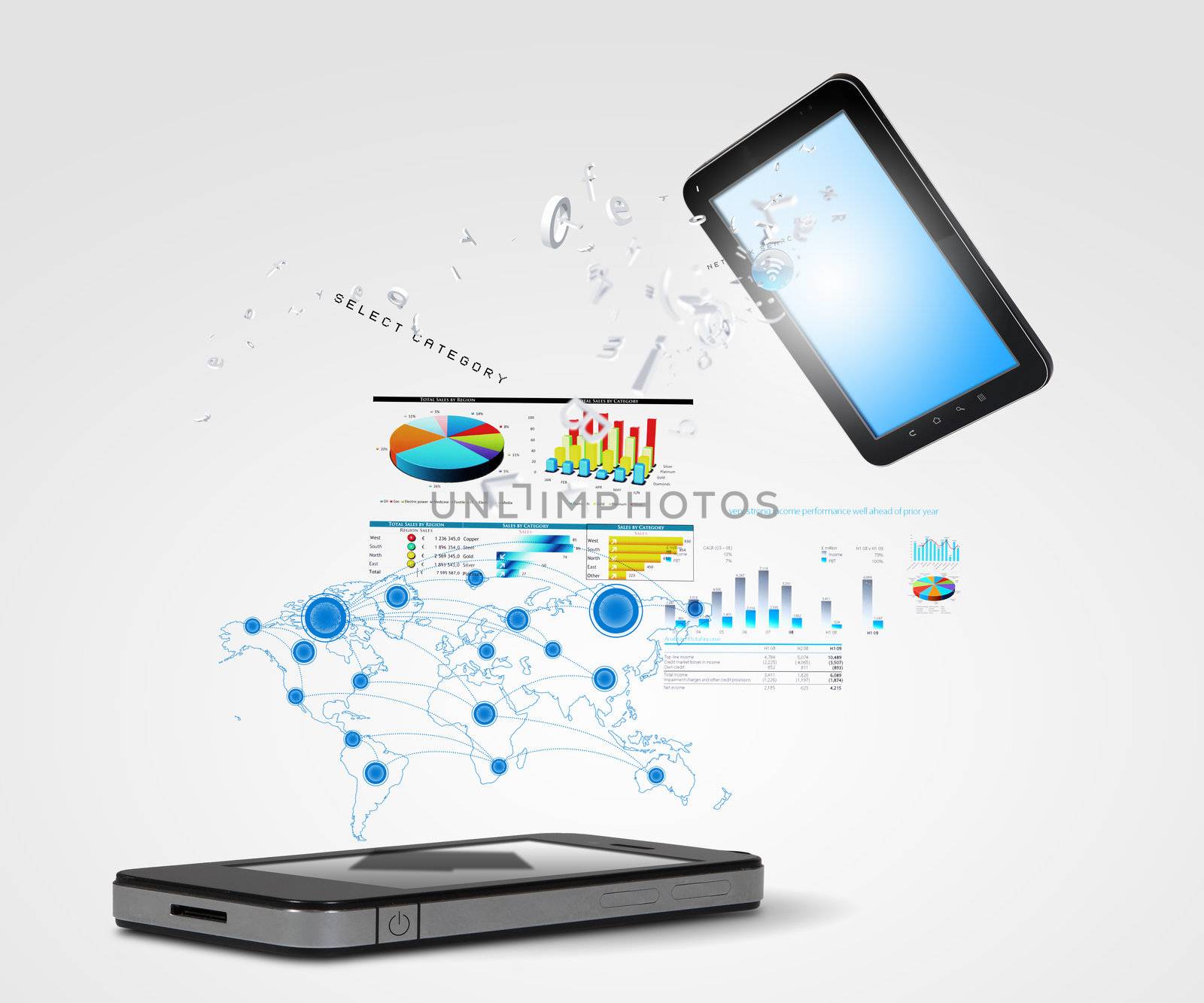 Modern communication technology illustration with mobile phone and high tech background