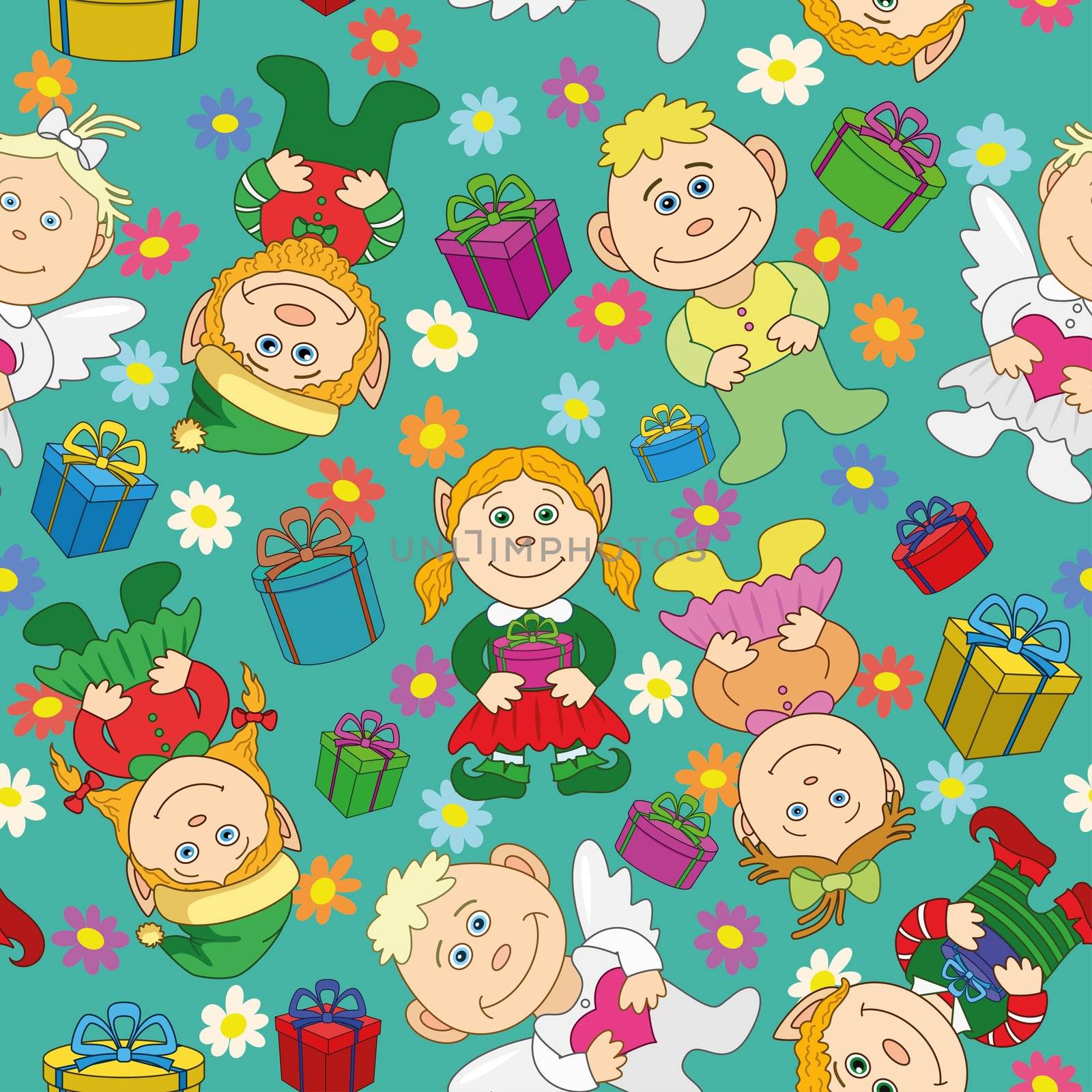 Seamless holiday background: cartoon girl and boy with gift boxes and valentine hearts
