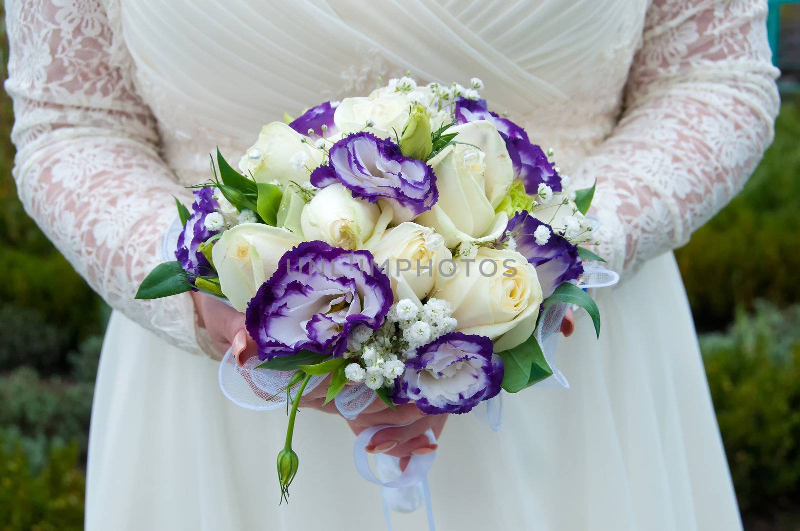 wedding bouquet of blue and white flowers