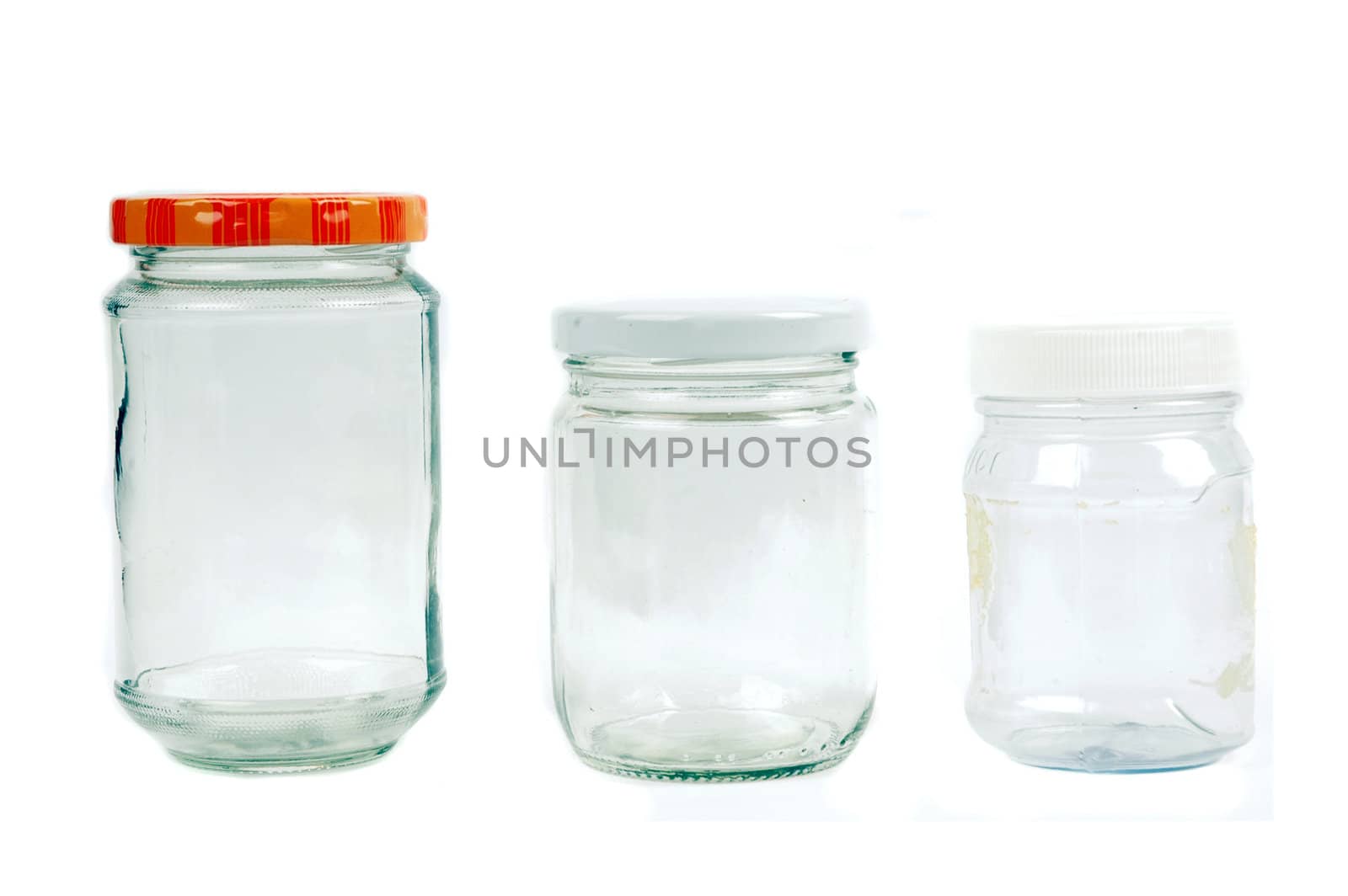 glass and plastic containers isolated on white background