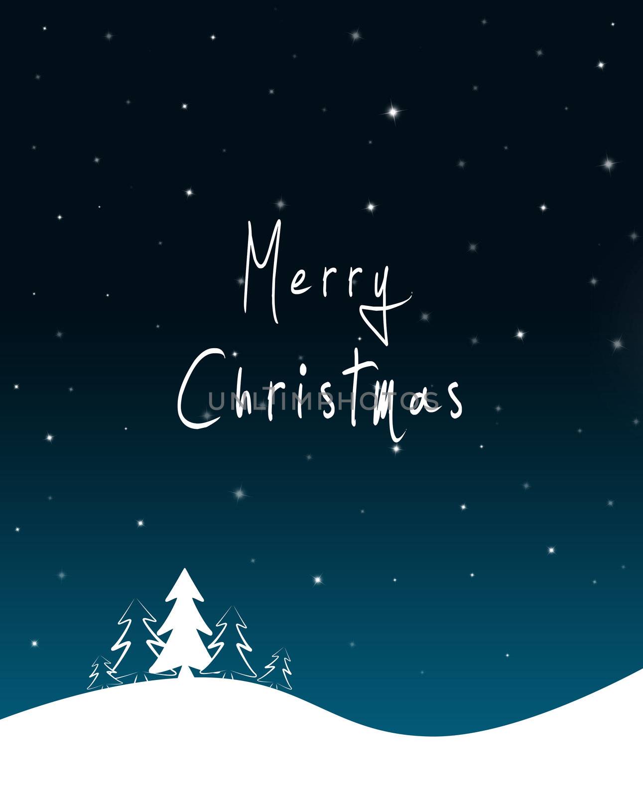 Blue Christmas background with white fir tree, stars and Merry Christmas text