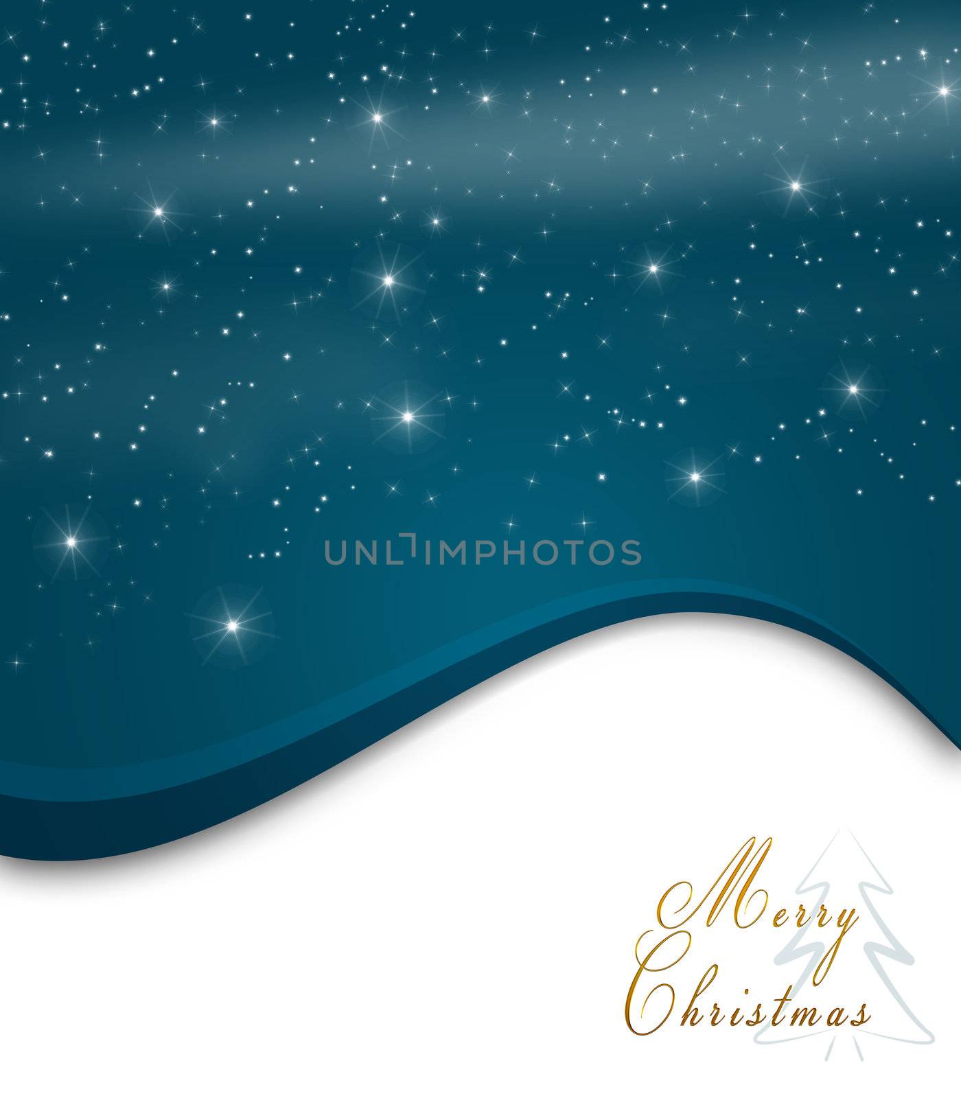 Blue Christmas background with white snowflakes, stars and Merry Christmas text