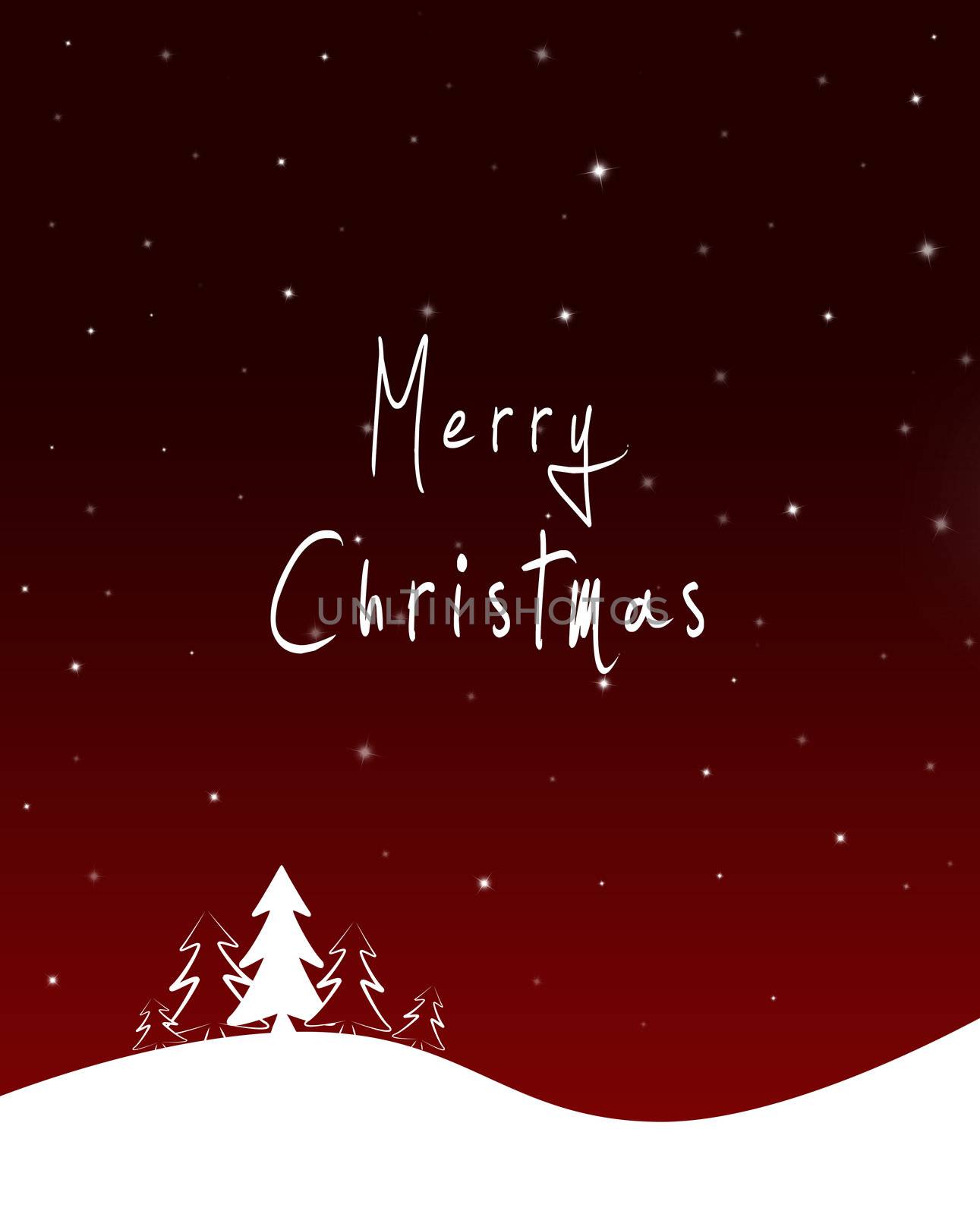 red Christmas background with white fir trees, stars and Merry Christmas text