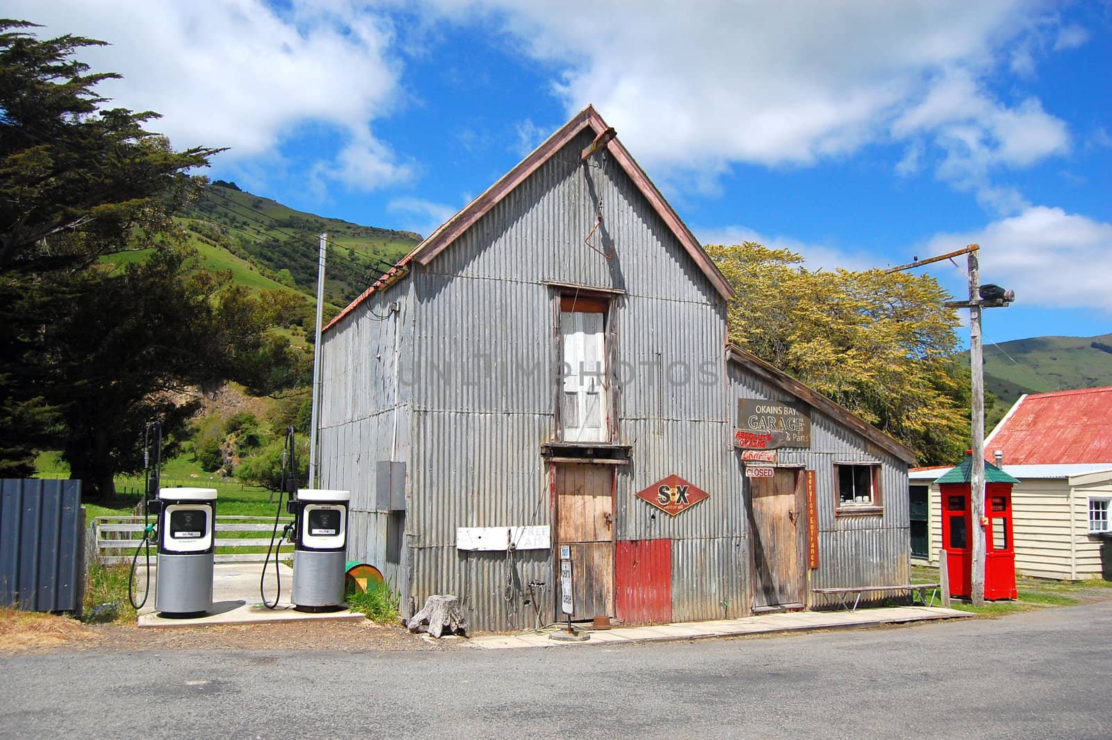 Old metal garage, Okains Bay, Banks Peninsula, New Zealand