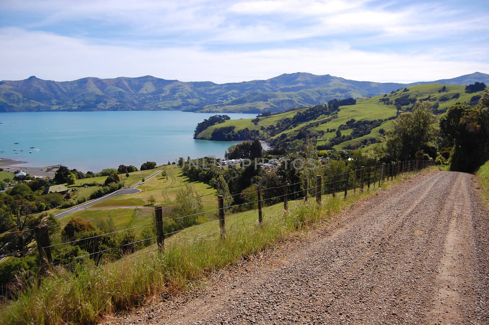 Rural gravel road with fence at farmland by danemo