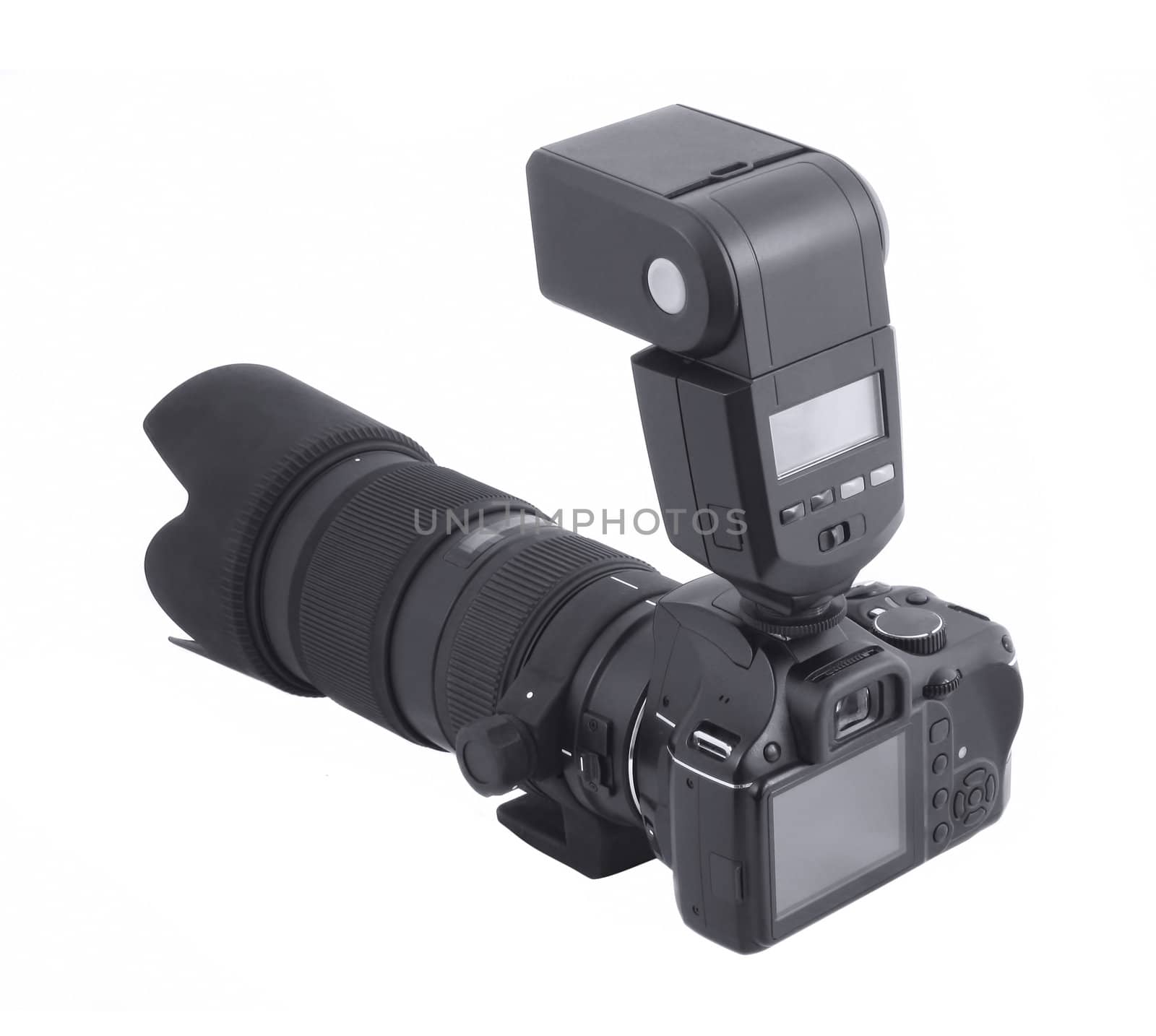 professional digital camera with big lens and flash isolated 