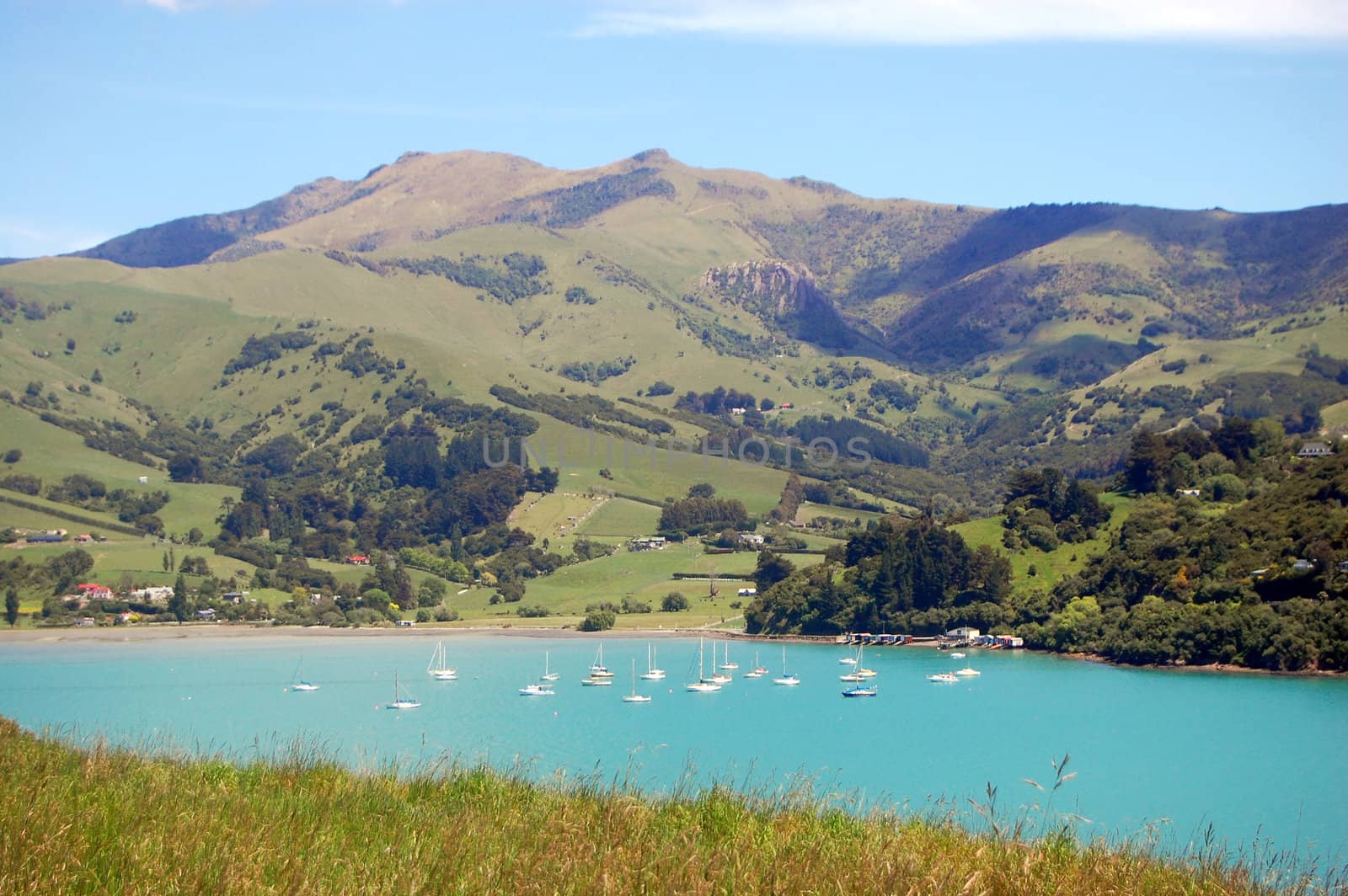 Yachts in Akaroa bay, Banks Peninsula, New Zealand