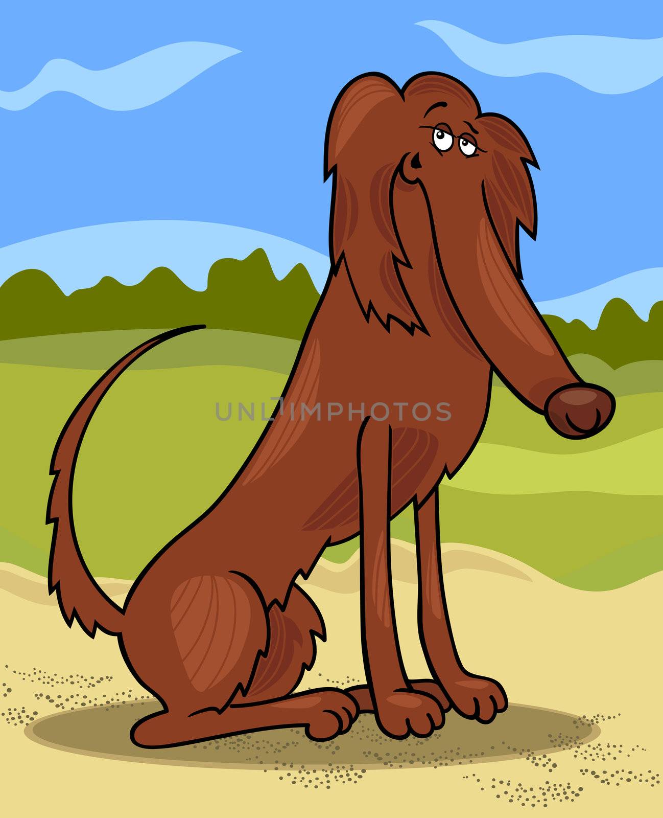 Cartoon Illustration of Funny Purebred Irish Setter Dog against Rural Scene