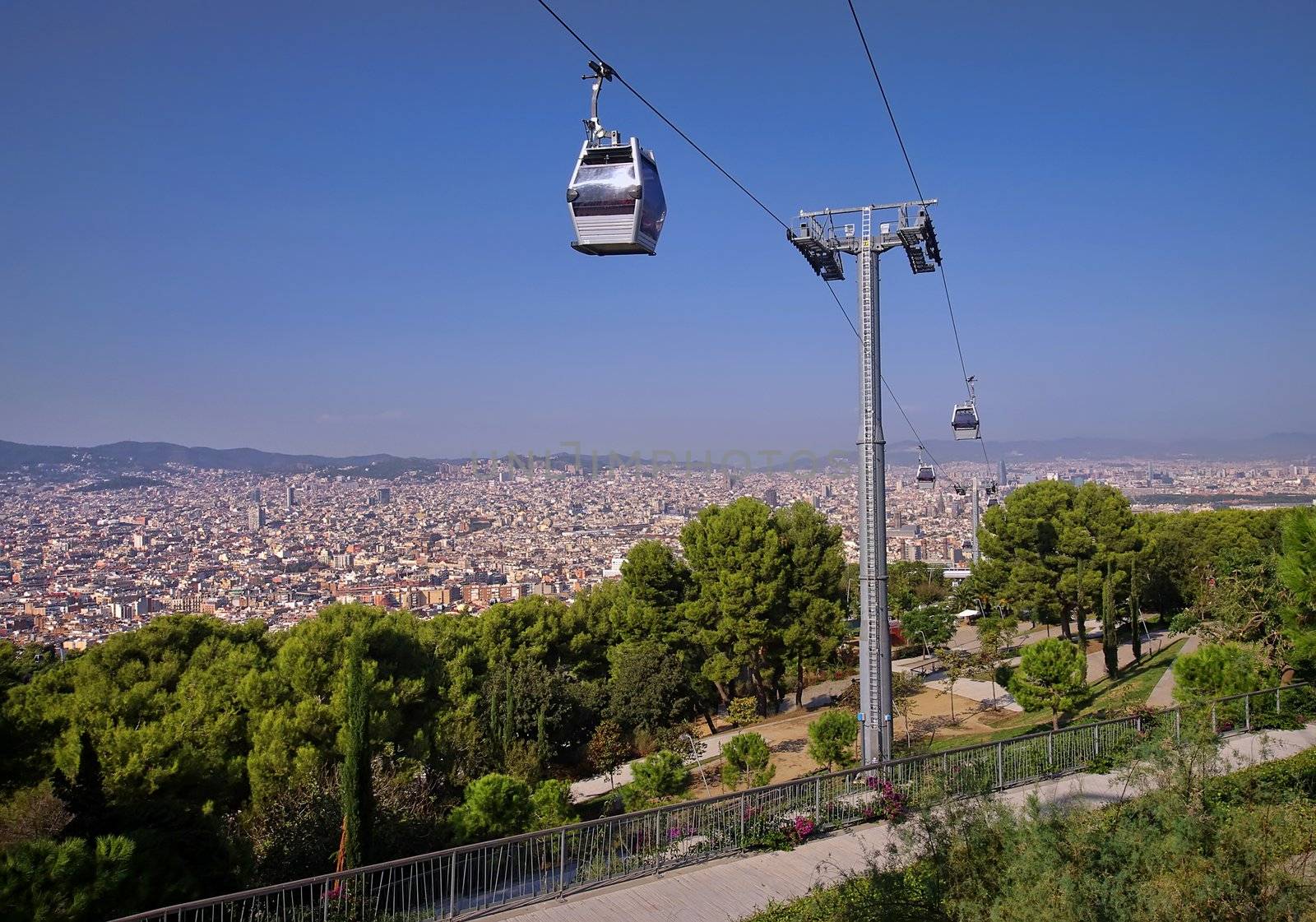 Barcelona city and cable car from Montjuic hill