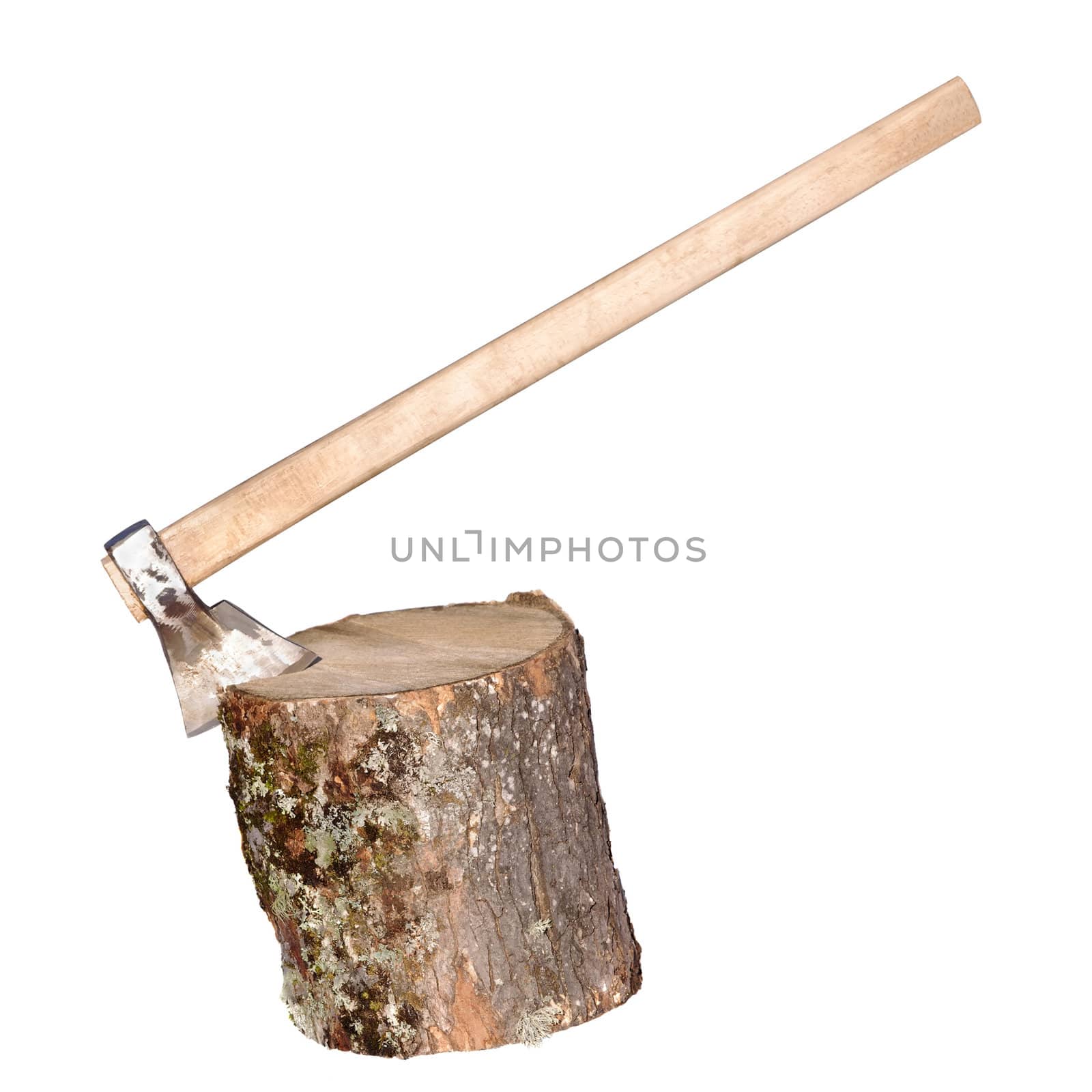 axe on wooden log isolated