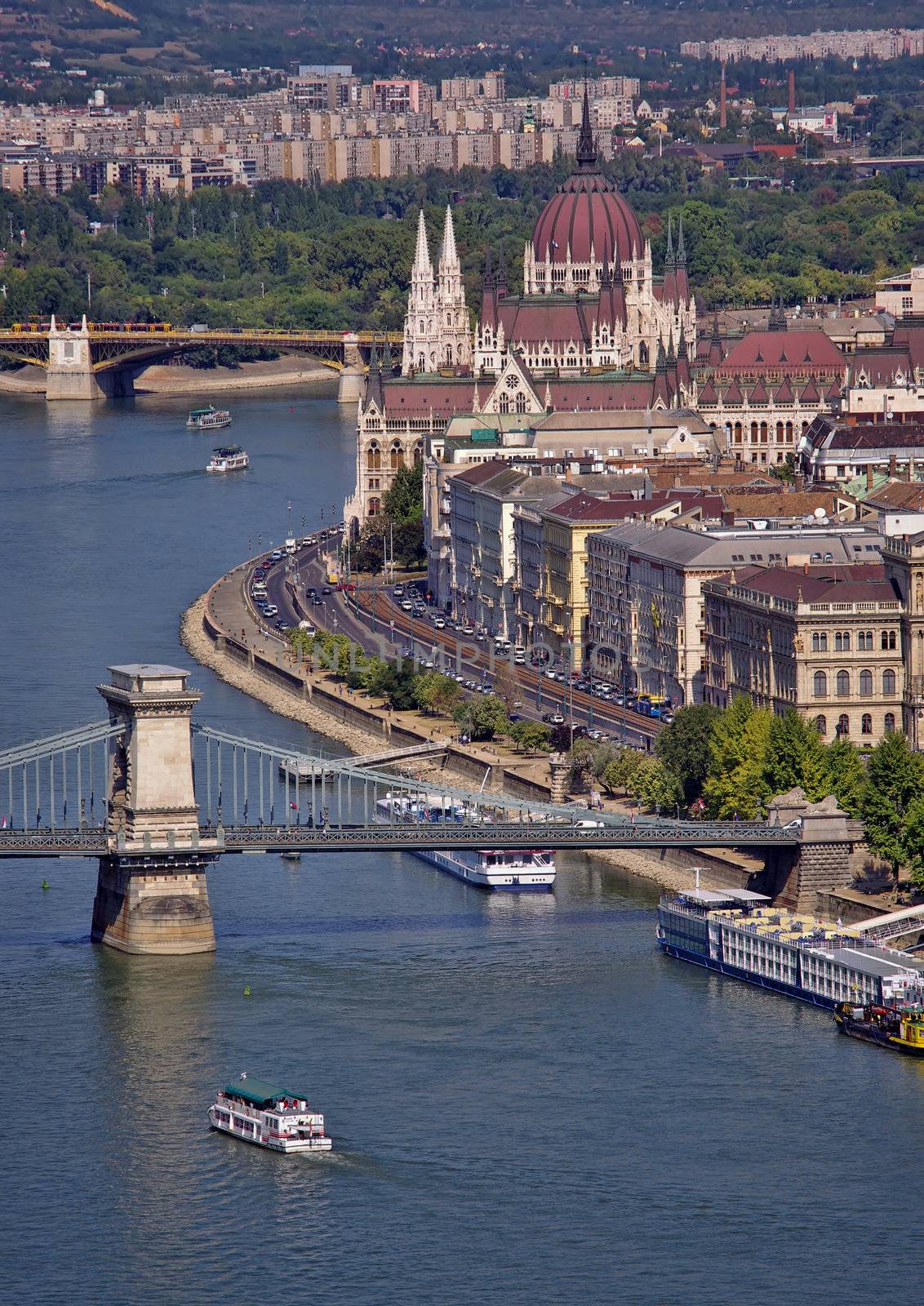 Budapest, view of Parliament, river Danube and Chain Bridge