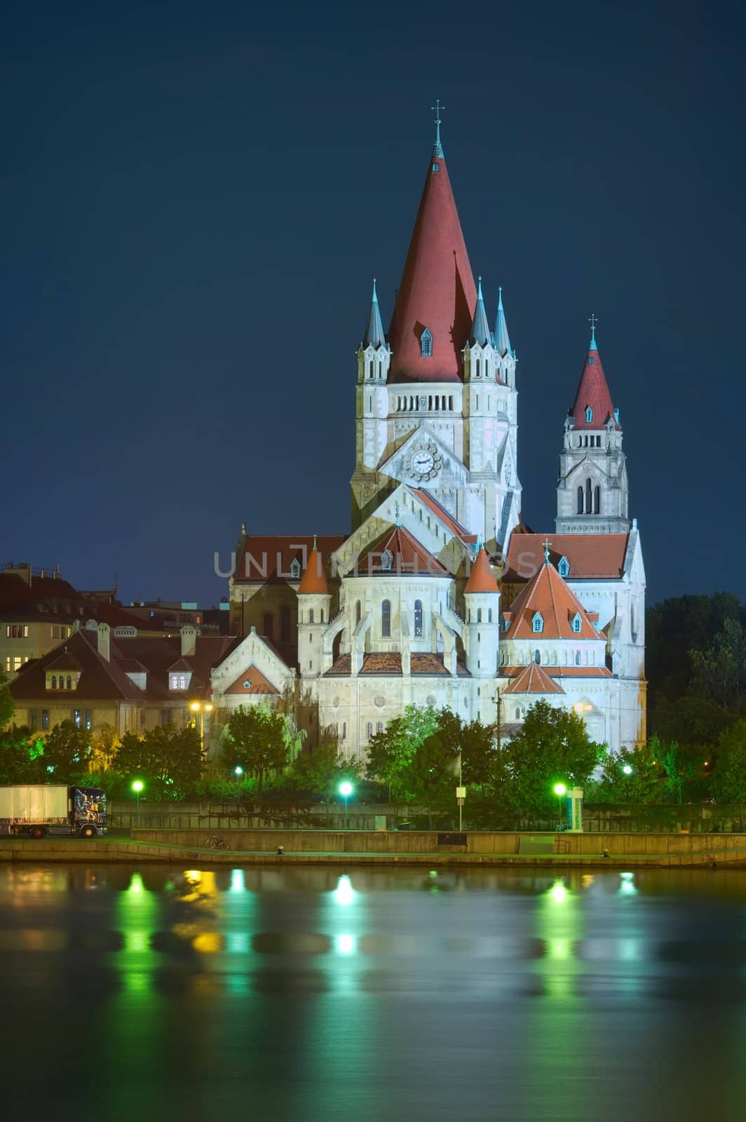 Heiliger Franz von Assisi church and Danube river in Vienna, Austria 