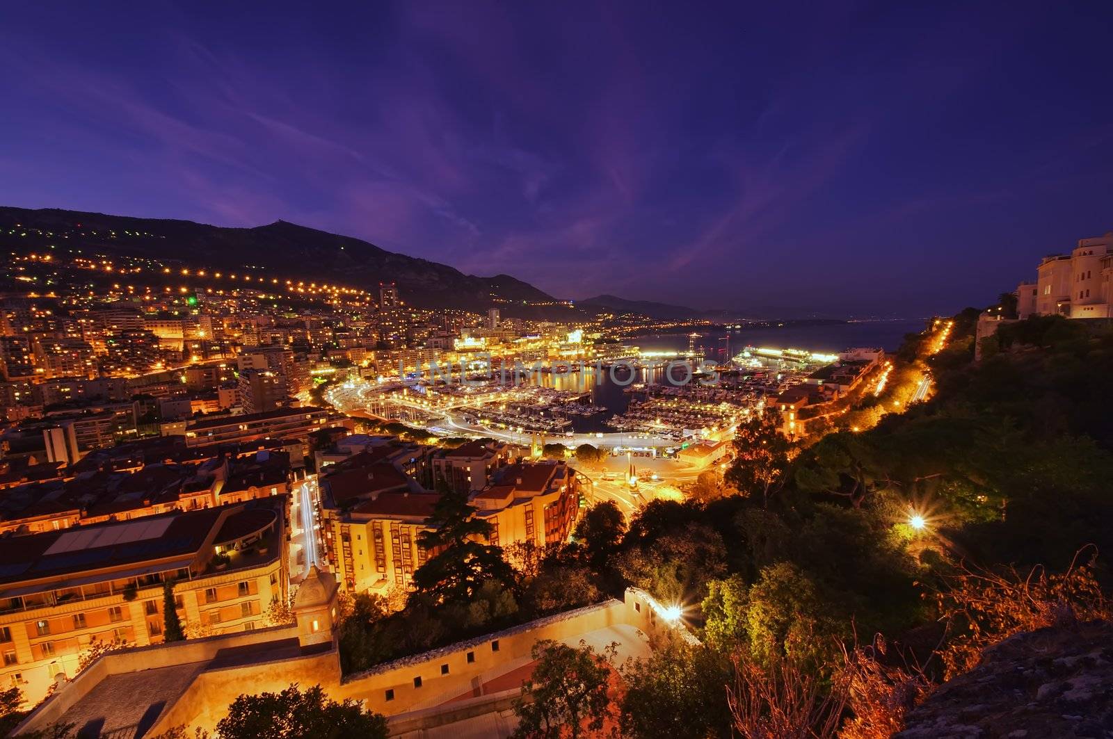Monte Carlo port, Monaco. night scene, wide view
